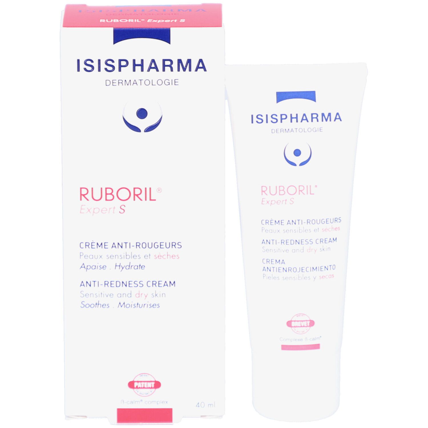 Tube et boîte Ruboril Expert S. Boîte avec logo ISISPHARMA et nom du produit. 40 ml.