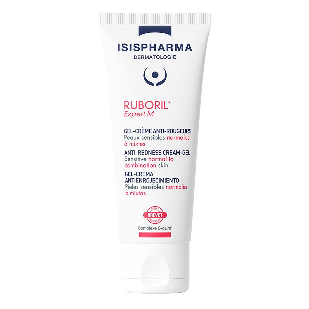 Weiße Tube mit ISISPHARMA Logo und Ruboril Expert M. Text: Gel-Crème Anti-Rougeurs. Roter Stempel: Brevet.