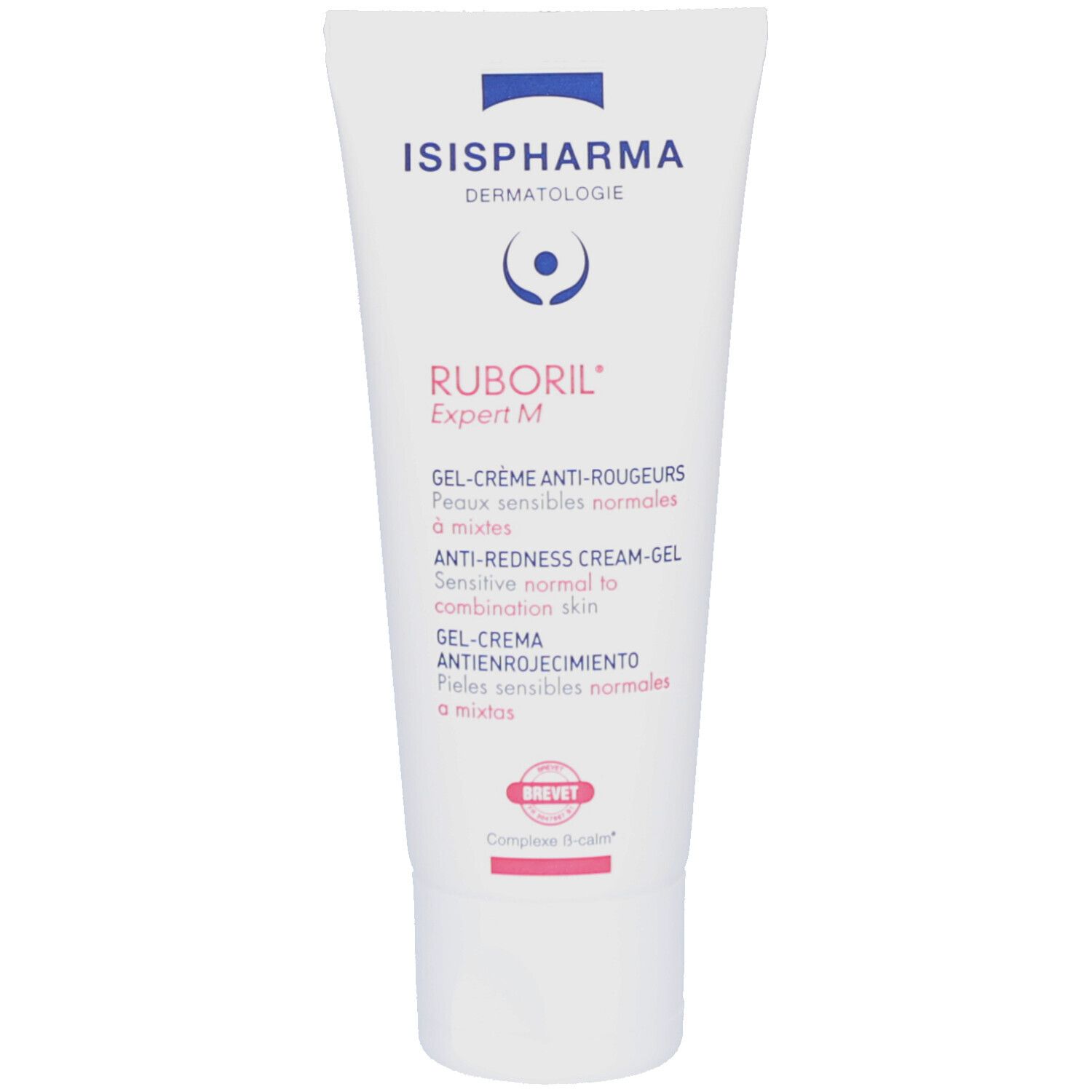 Weiße Tube mit ISISPHARMA Logo und Ruboril Expert M. Text: Gel-Crème Anti-Rougeurs. Roter Stempel: Brevet.