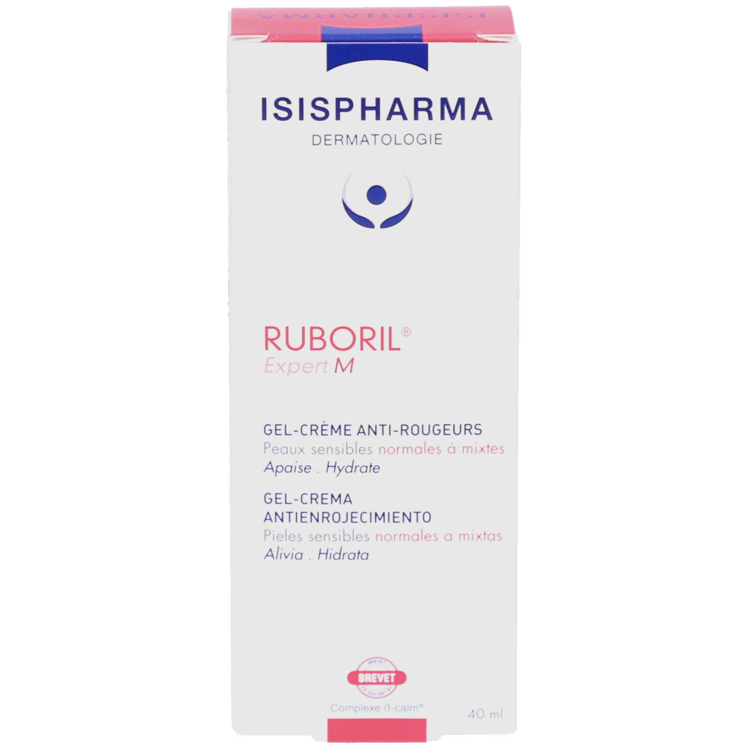 Schachtel ISISPHARMA Ruboril Expert M. Text: Gel-Crème Anti-Rougeurs. Roter Stempel: Brevet. 40 ml.