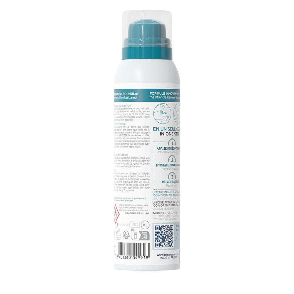 Rückseite der weißen Sprayflasche. Text: Inhaltsstoffe, Gebrauchsanweisung. QR-Code. ISISPHARMA Logo.