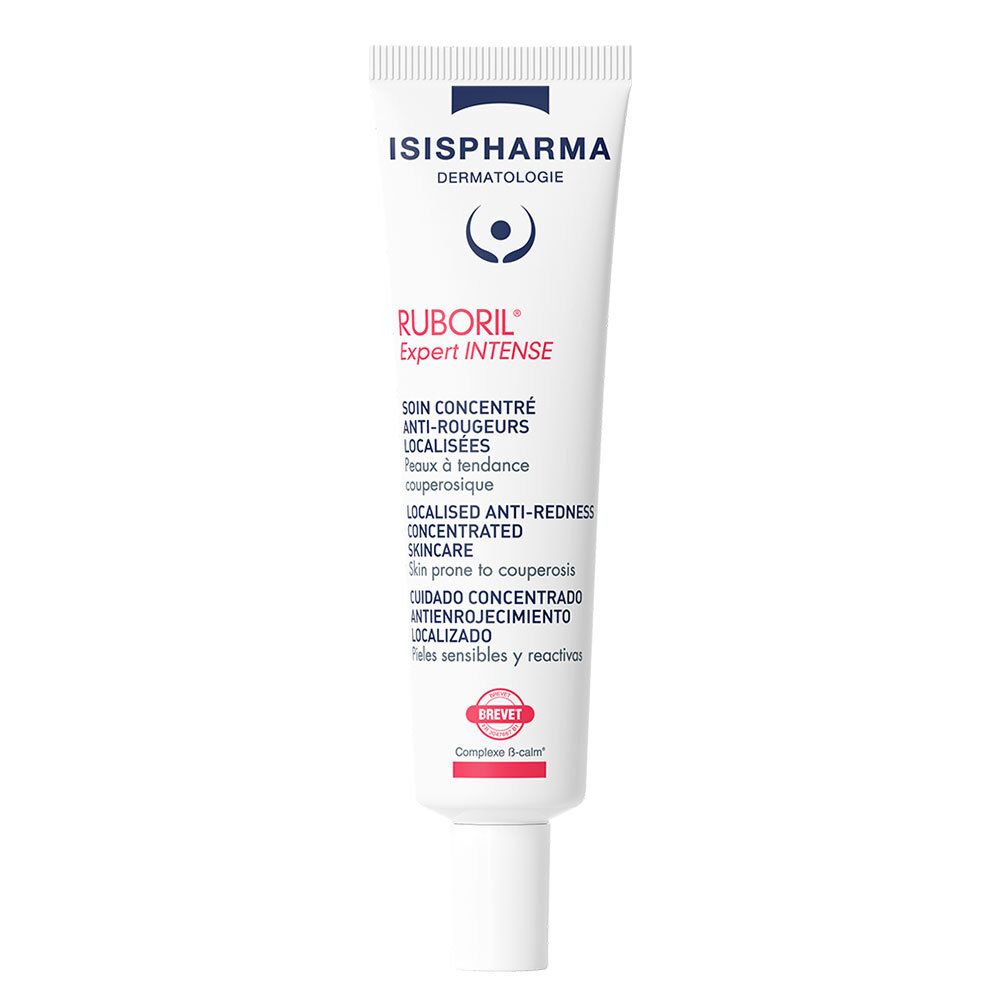 Tube blanc avec logo ISISPHARMA et nom Ruboril Expert Intense. Texte multilingue. Accents rouges.