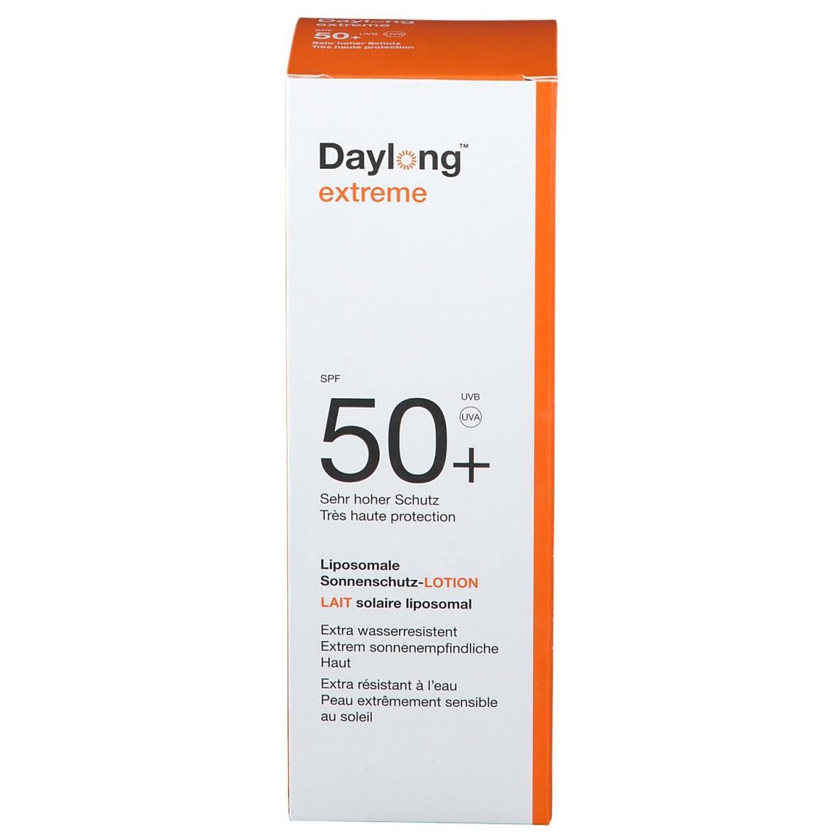 Kartonverpackung. Aufschrift: Daylong extreme, SPF 50+. Liposomale Sonnenmilch-Lotion.