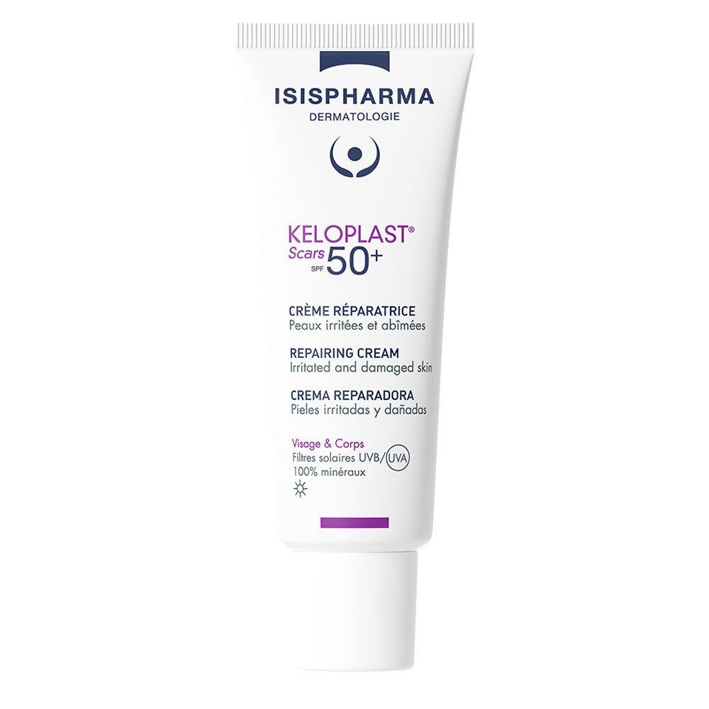 Weiße Tube ISISPHARMA Keloplast Cracks SPF50+. Text in Französisch, Englisch, Spanisch. Reparierende Creme für irritierte Haut.