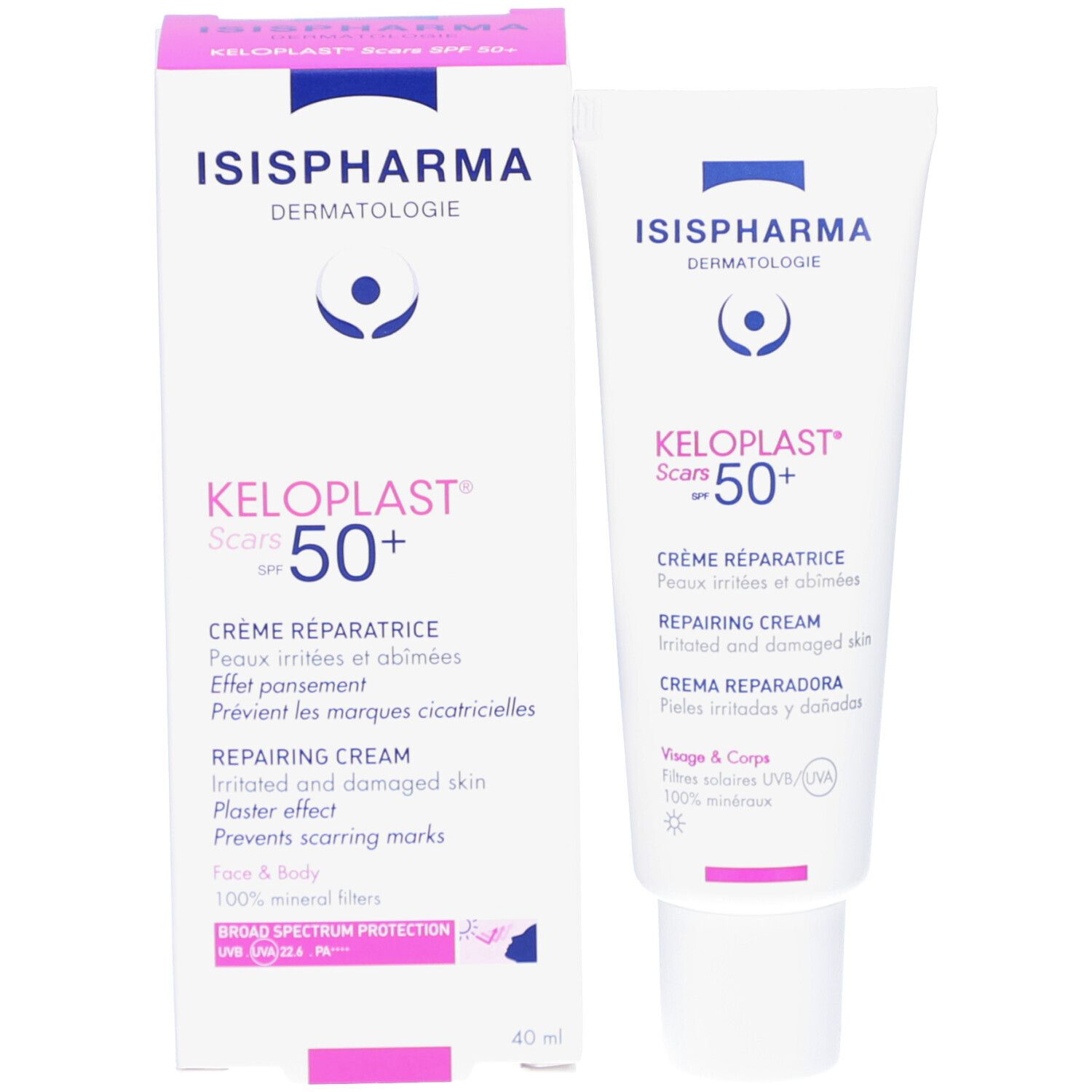 ISISPHARMA Keloplast Cracks SPF50+ Tube und Verpackung. Weiße Tube und rosa-weiße Schachtel. Text in mehreren Sprachen.