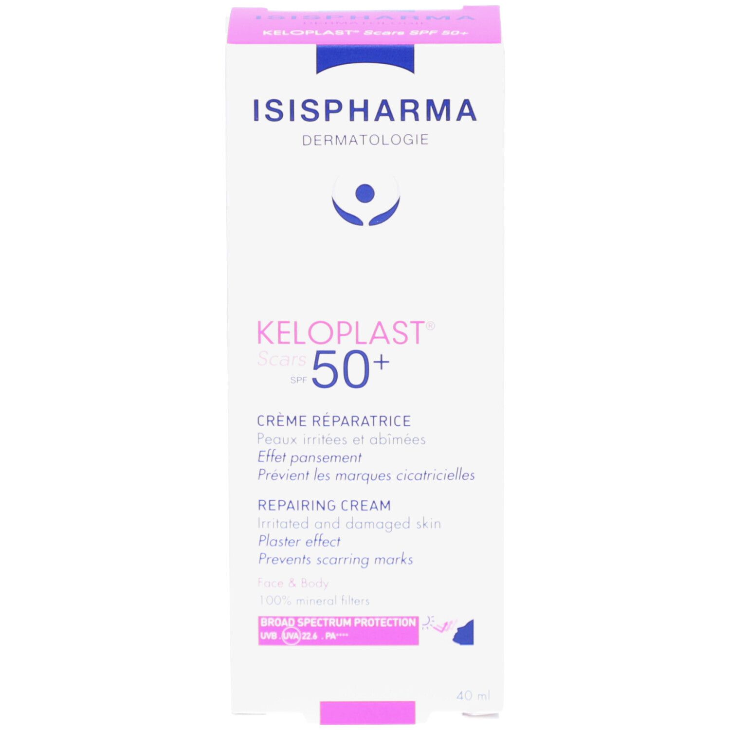 ISISPHARMA Keloplast Cracks SPF50+ Verpackung. Rosa-weiße Schachtel. Text in mehreren Sprachen. Enthält Produktinformationen.