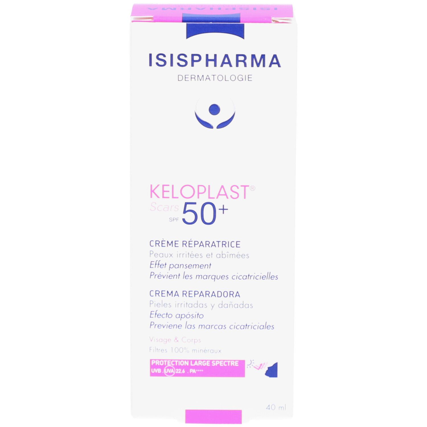 ISISPHARMA Keloplast Cracks SPF50+ Verpackung. Rosa-weiße Schachtel. Text in mehreren Sprachen. Enthält Produktinformationen.