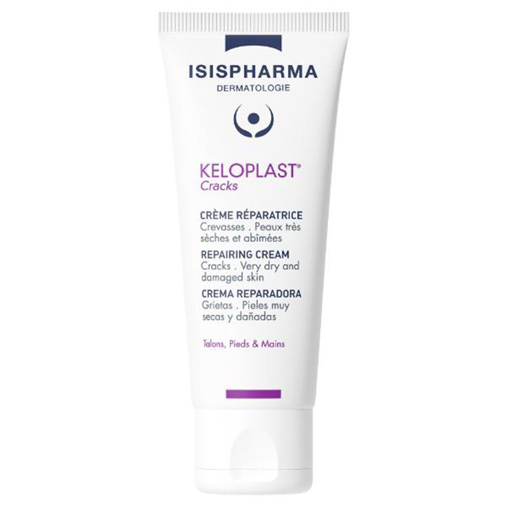 Weiße Tube mit ISISPHARMA, Keloplast Cracks. Creme für rissige, sehr trockene Haut. Enthält Text in Englisch, Französisch, Spanisch.
