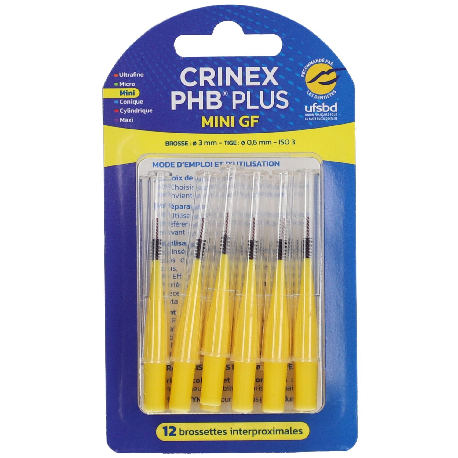 Blister de brossettes interdentaires CRINEX PHB PLUS Mini, jaunes. 12 pièces. Inscription : Mini GF, 3 mm - TGE 0,6 mm - ISO 3.