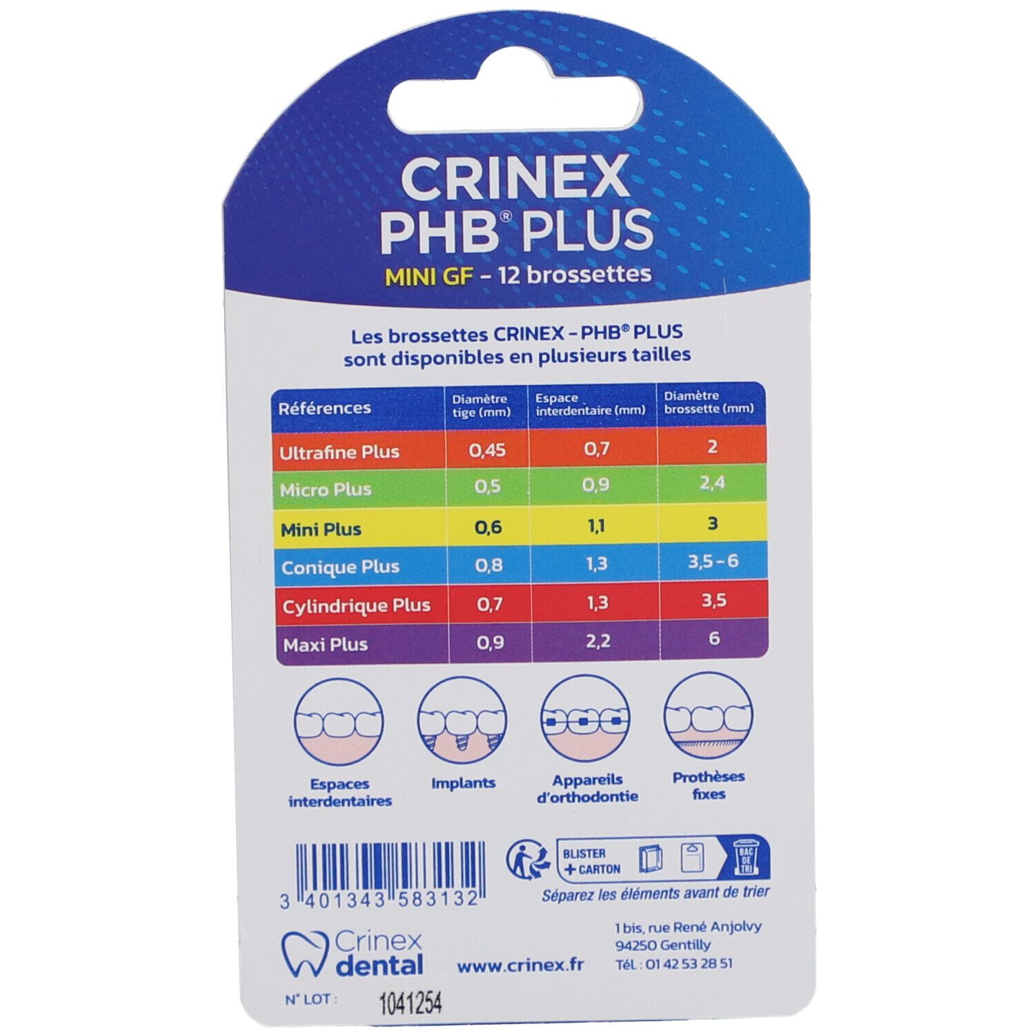 Dos de l'emballage CRINEX PHB PLUS Mini. Tableau des tailles. Texte : CRINEX PHB PLUS MINI GF - 12 brossettes.
