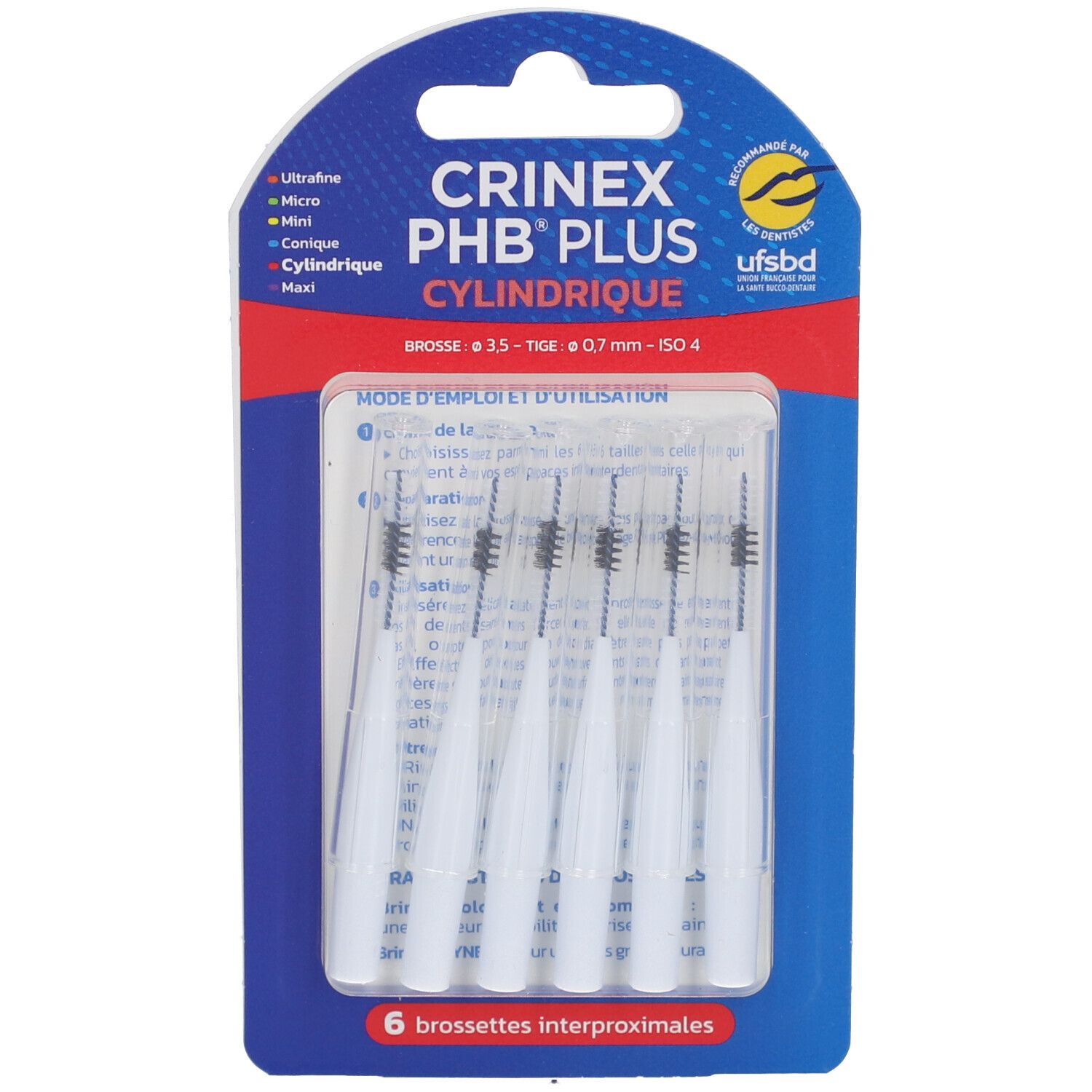 Verpackung mit CRINEX PHB PLUS Cylindrique. Sechs Interdentalbürsten in Blisterverpackung. Blaue und weiße Verpackung.