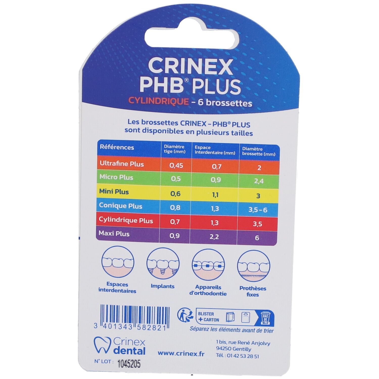 Rückseite der CRINEX PHB PLUS Cylindrique Verpackung. Tabelle mit Größenangaben. Blaue und weiße Verpackung.