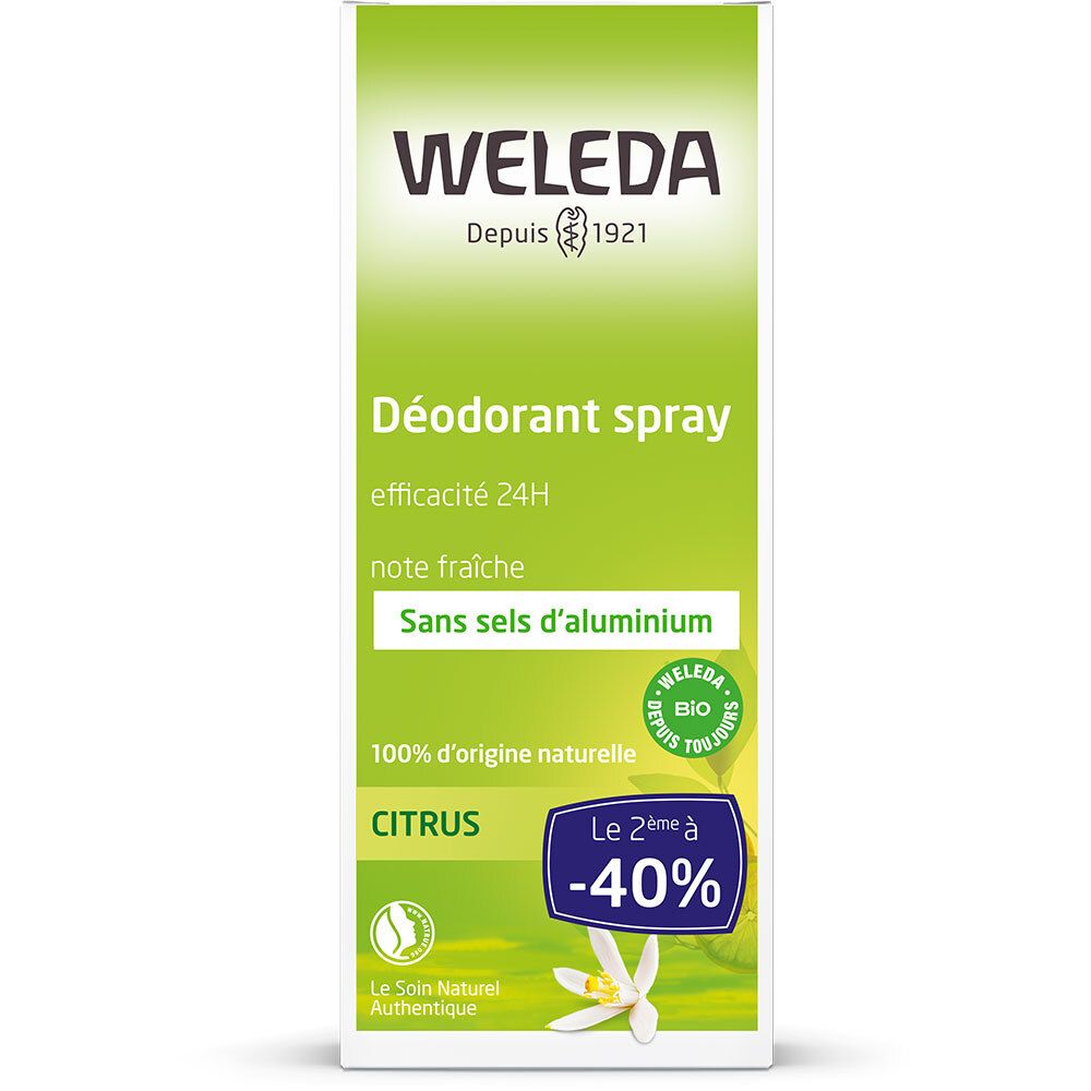Emballage Weleda Zitrus-Deospray. Vert avec informations produit et logo. Inscription : "Sans sels d'aluminium".