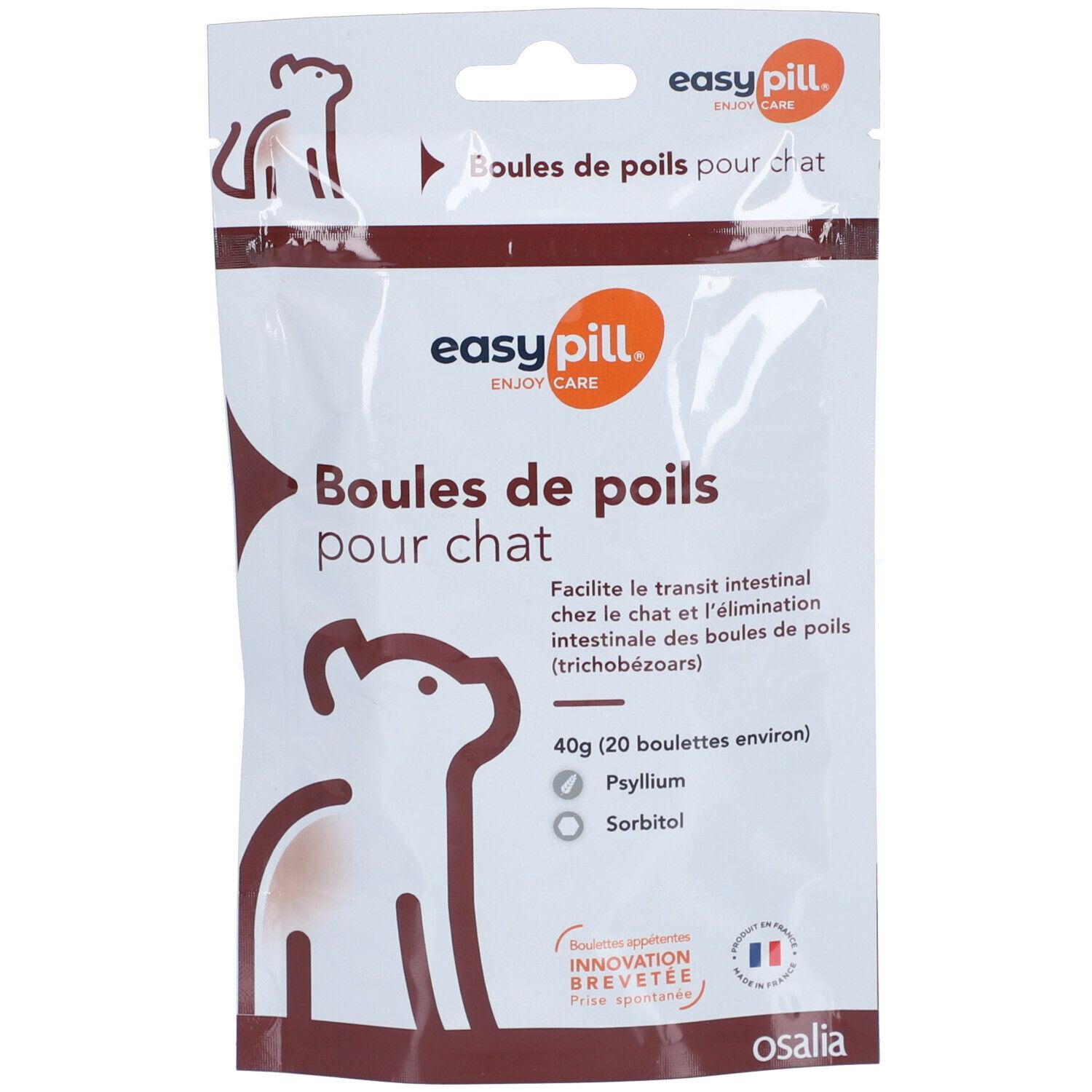 Beutel mit Produktnamen und Katzenabbildung. Text: Boules de poils pour chat, 40g, Psyllium, Sorbitol.