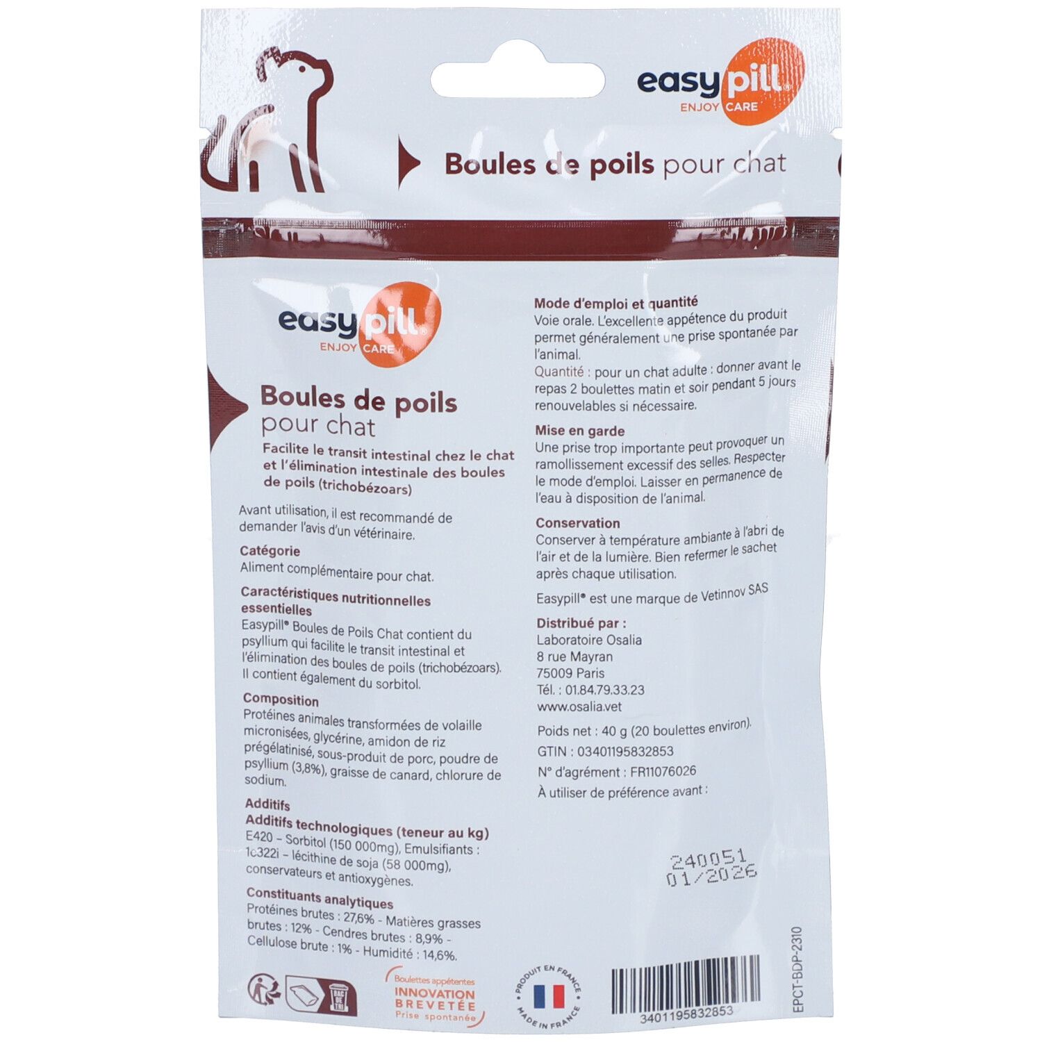 Rückseite der Produktverpackung. Text: EASYPILL, Boules de poils pour chat. Inhaltsstoffe, Gebrauchsanweisung, Herstellerinformationen.