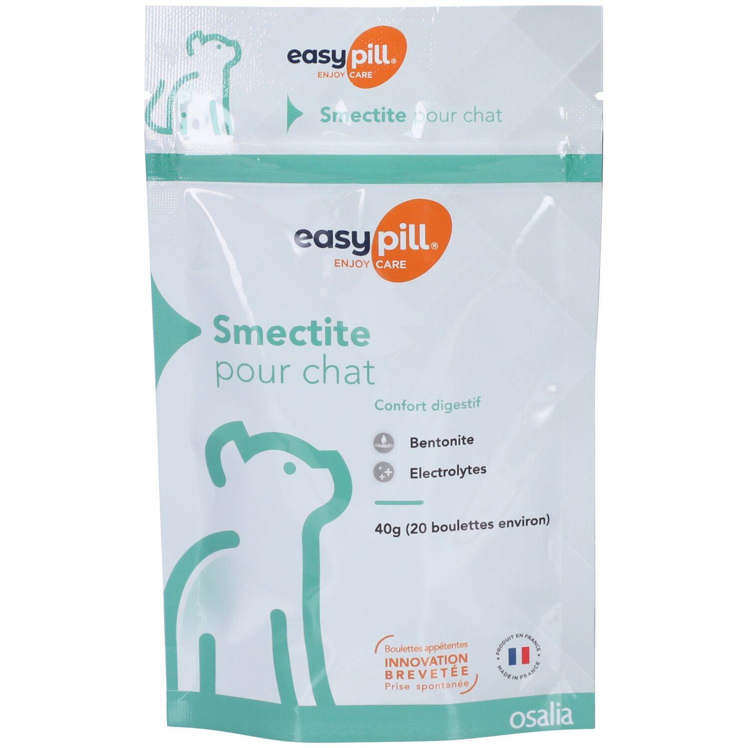 Beutel EASYPILL Smectite Pour Chat. Weiß-grüne Verpackung mit Produktnamen und Katzen-Silhouette. Enthält 40g, 20 Tabletten.