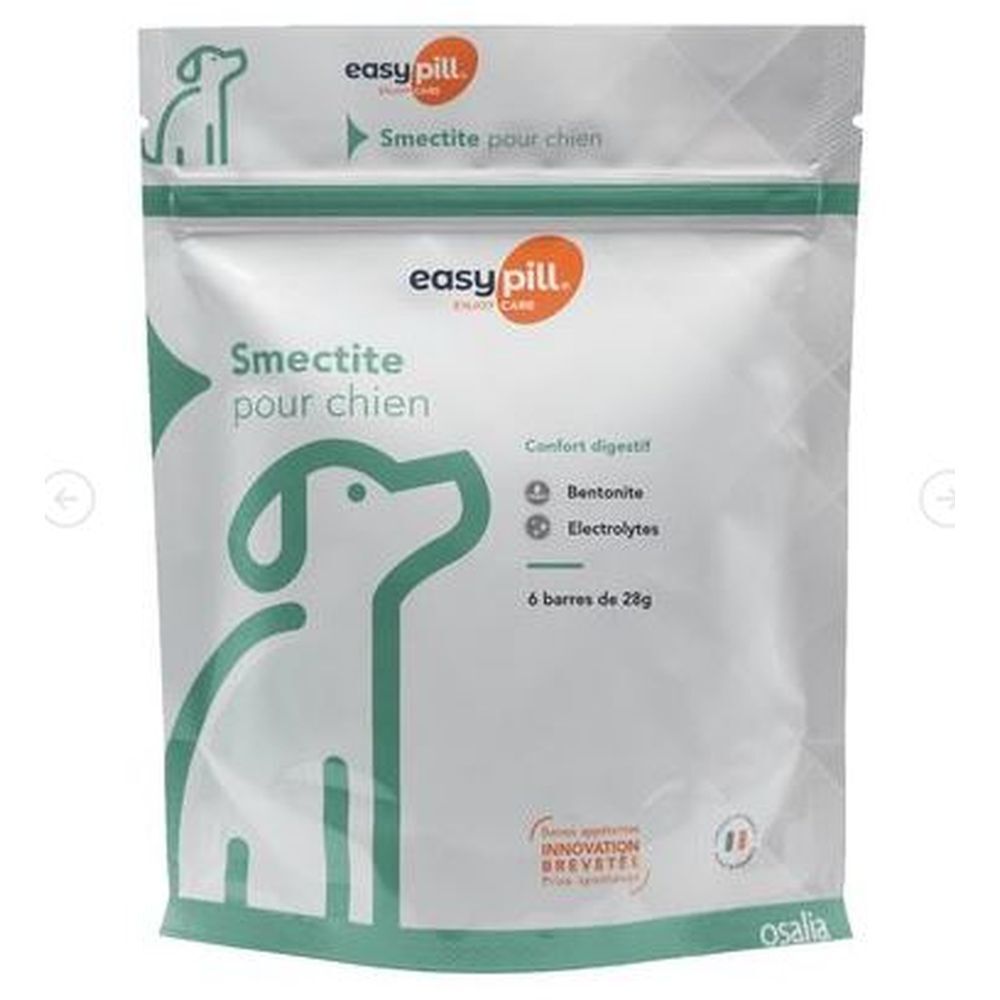 Beutel mit Produktaufdruck. Oben steht "easy pill". Text: "Smectite pour chien". Abbildung eines Hundes. Enthält Bentonit und Elektrolyte.