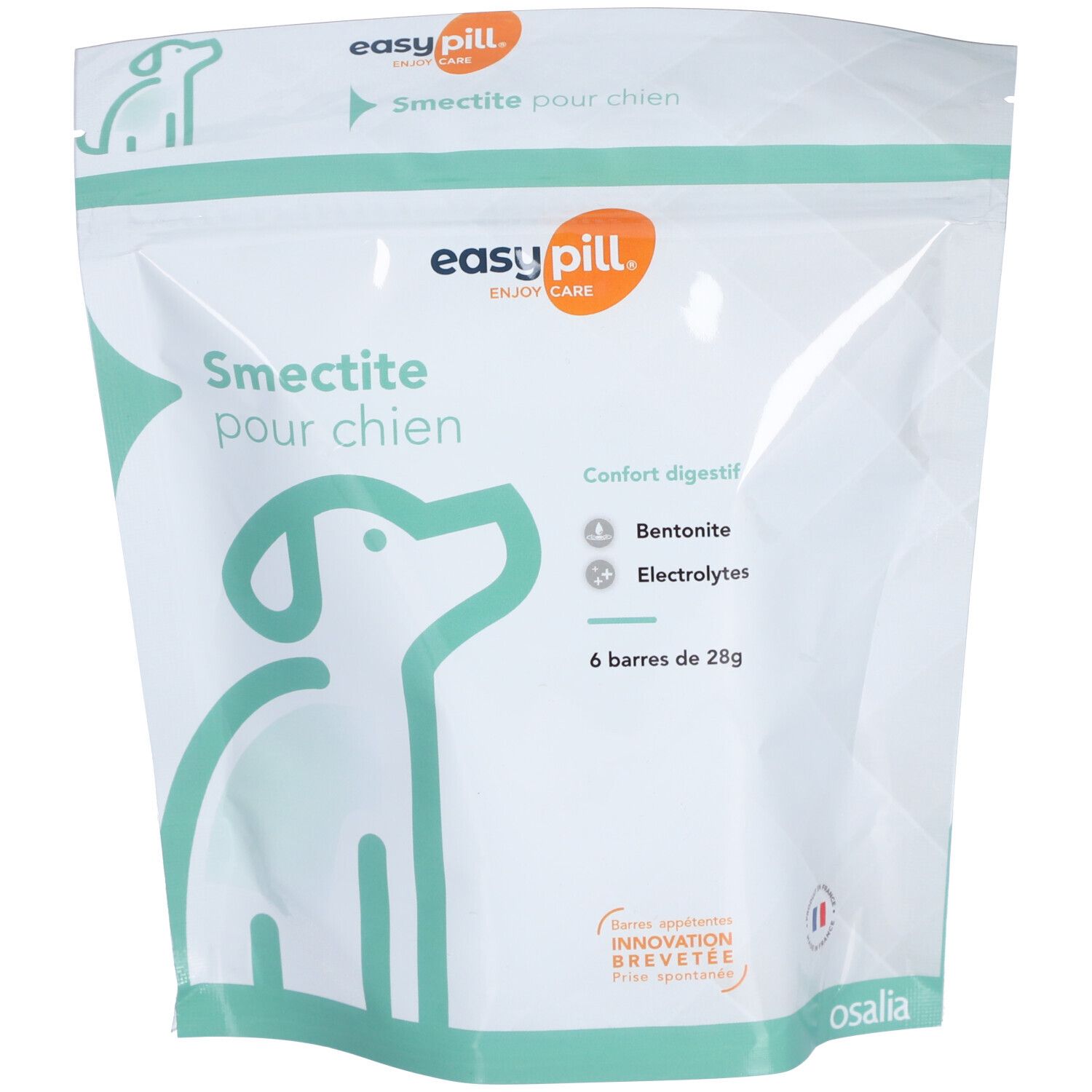 Produktverpackung "easy pill". Text: "Smectite pour chien". Abbildung eines Hundes. Enthält Bentonit und Elektrolyte. 6 Riegel.