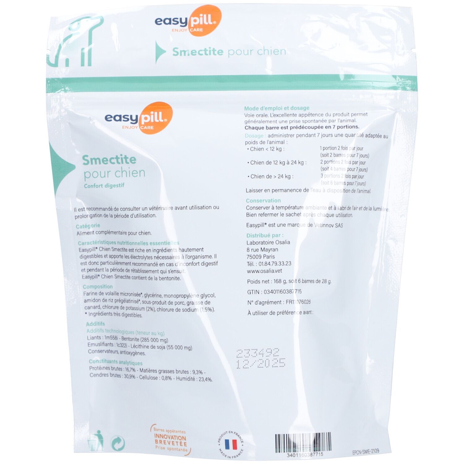 Rückseite der Produktverpackung. Text: "easy pill". Informationen zu Inhaltsstoffen, Dosierung und Hersteller. Französische Texte.