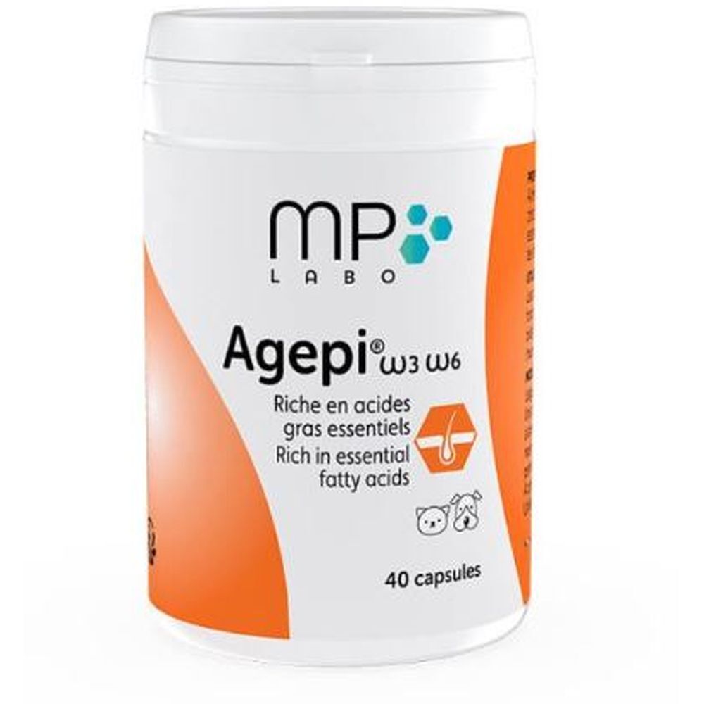 Boîte blanche MP Labo Agepi Oméga 3-6, 40 capsules. Étiquette orange avec informations produit.