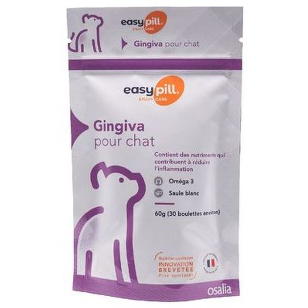 Sachet blanc avec logo et nom du produit. Texte: Gingiva pour chat, Oméga 3, Saule blanc. Marque: easy pill.