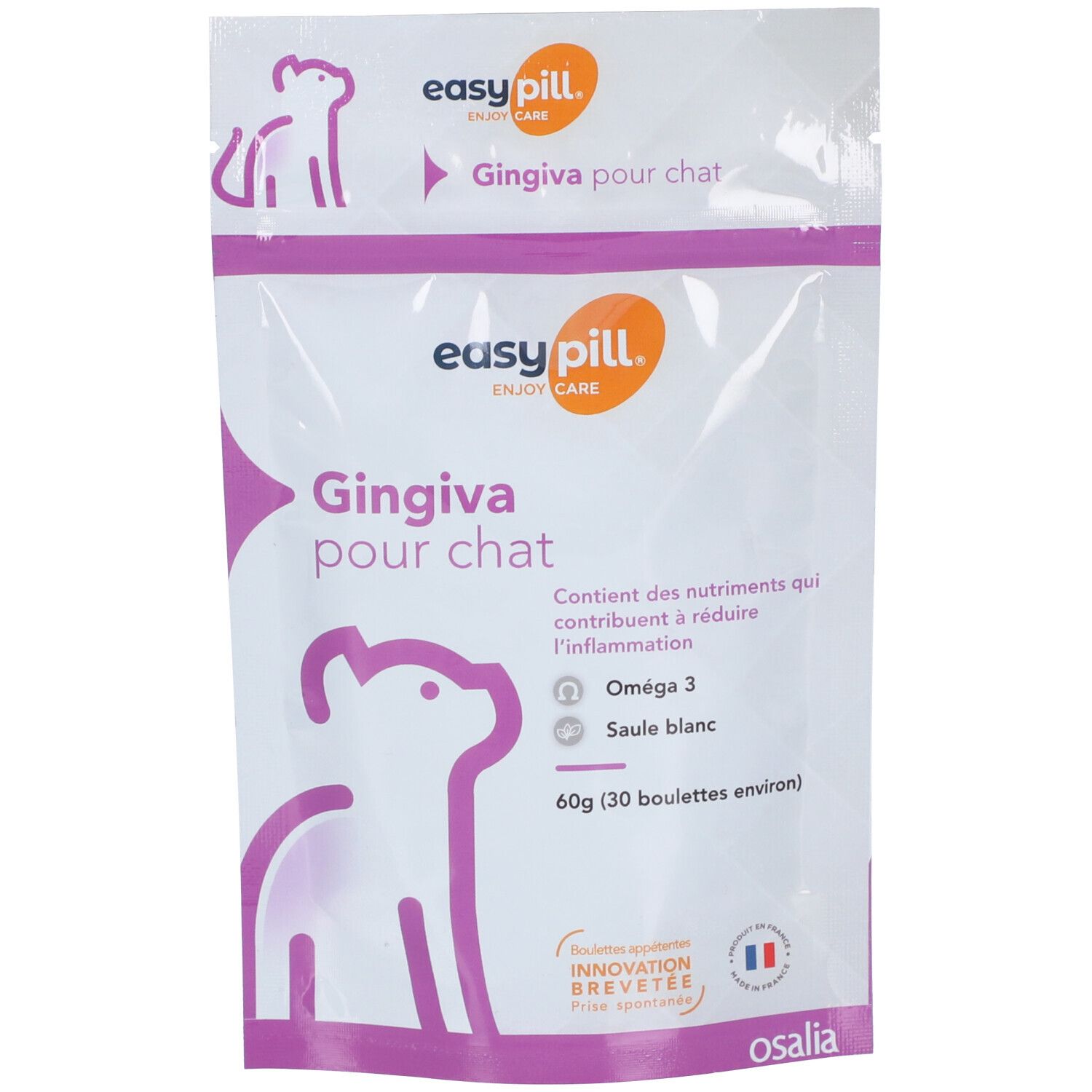 Emballage du produit avec logo et nom. Texte: Gingiva pour chat, Oméga 3, Saule blanc. Marque: easy pill.