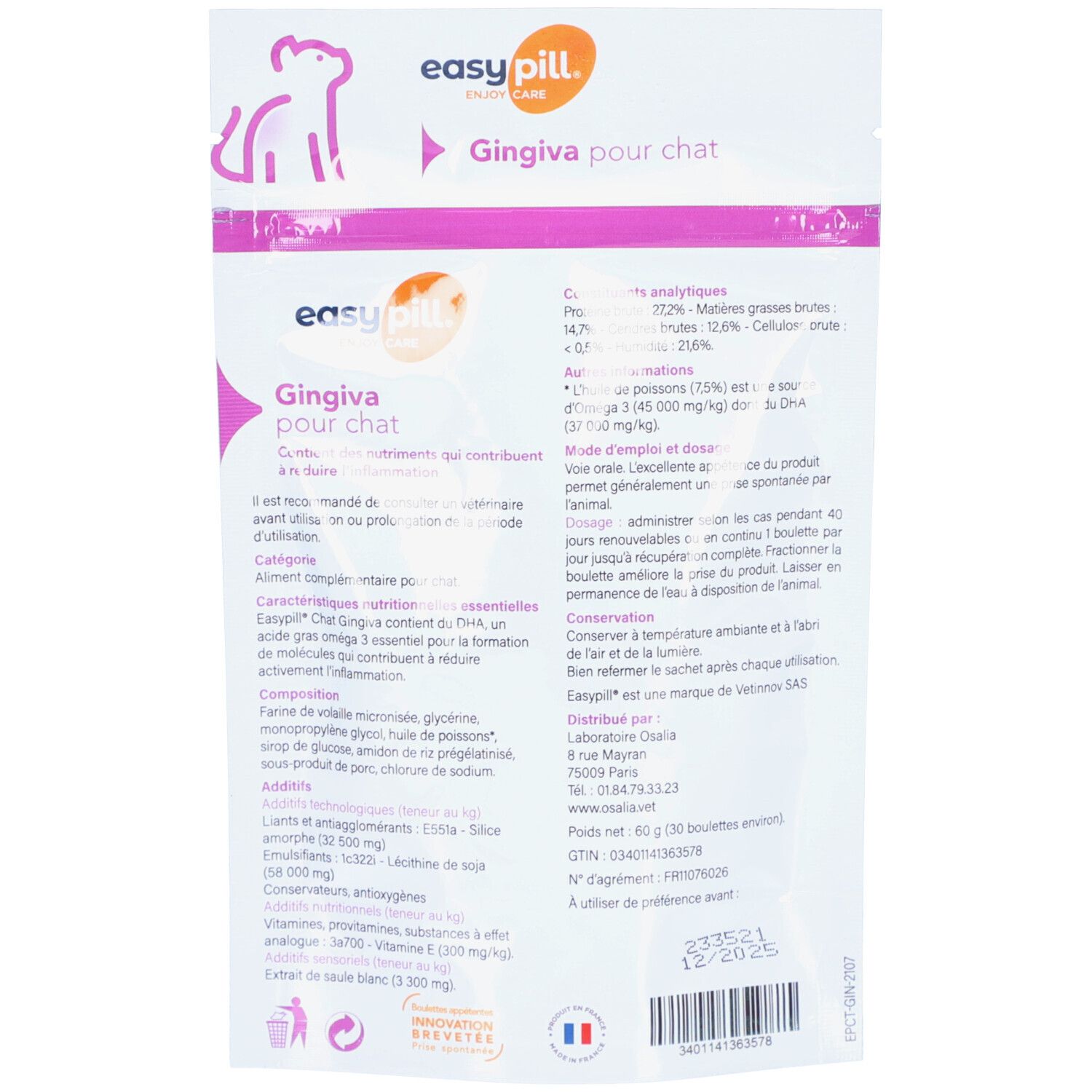 Dos de l'emballage avec texte et logo. Texte: Gingiva pour chat, ingrédients, dosage. Marque: easy pill.