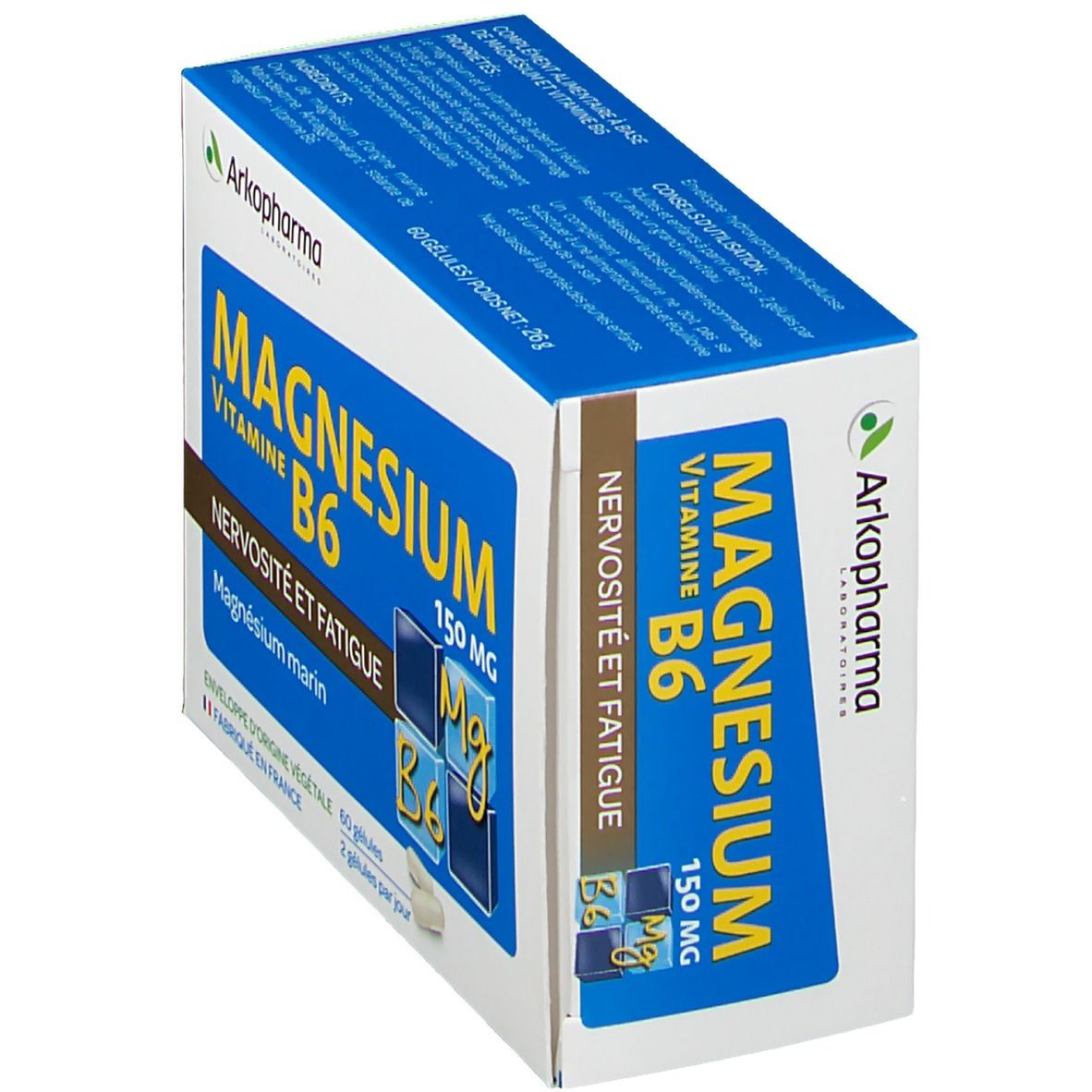 Vue latérale de la boîte "Magnesium Vitamine B6" d'Arkopharma. Informations produit et code-barres visibles.