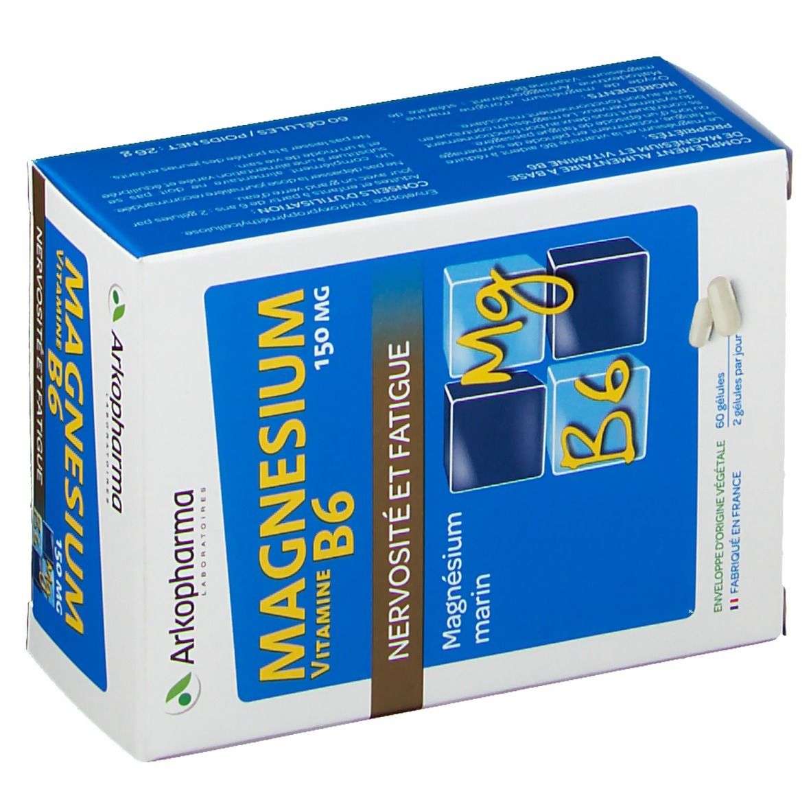 Boîte "Magnesium Vitamine B6" d'Arkopharma. Vue de face avec nom du produit et logo.