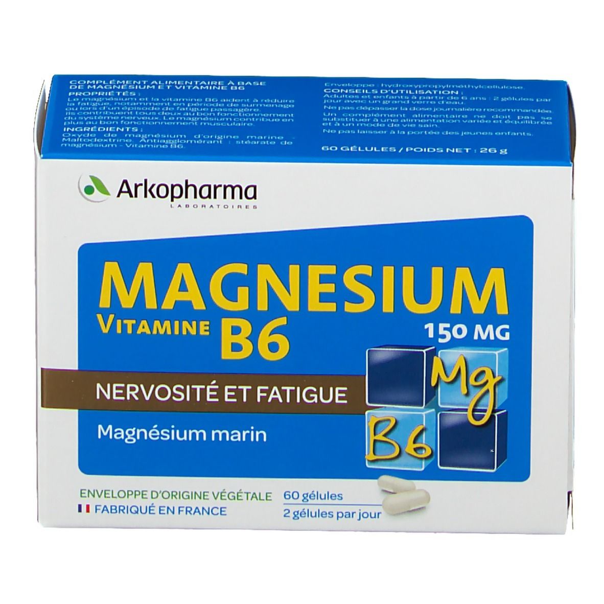 Boîte "Magnesium Vitamine B6" d'Arkopharma. Vue de face avec nom du produit et logo.