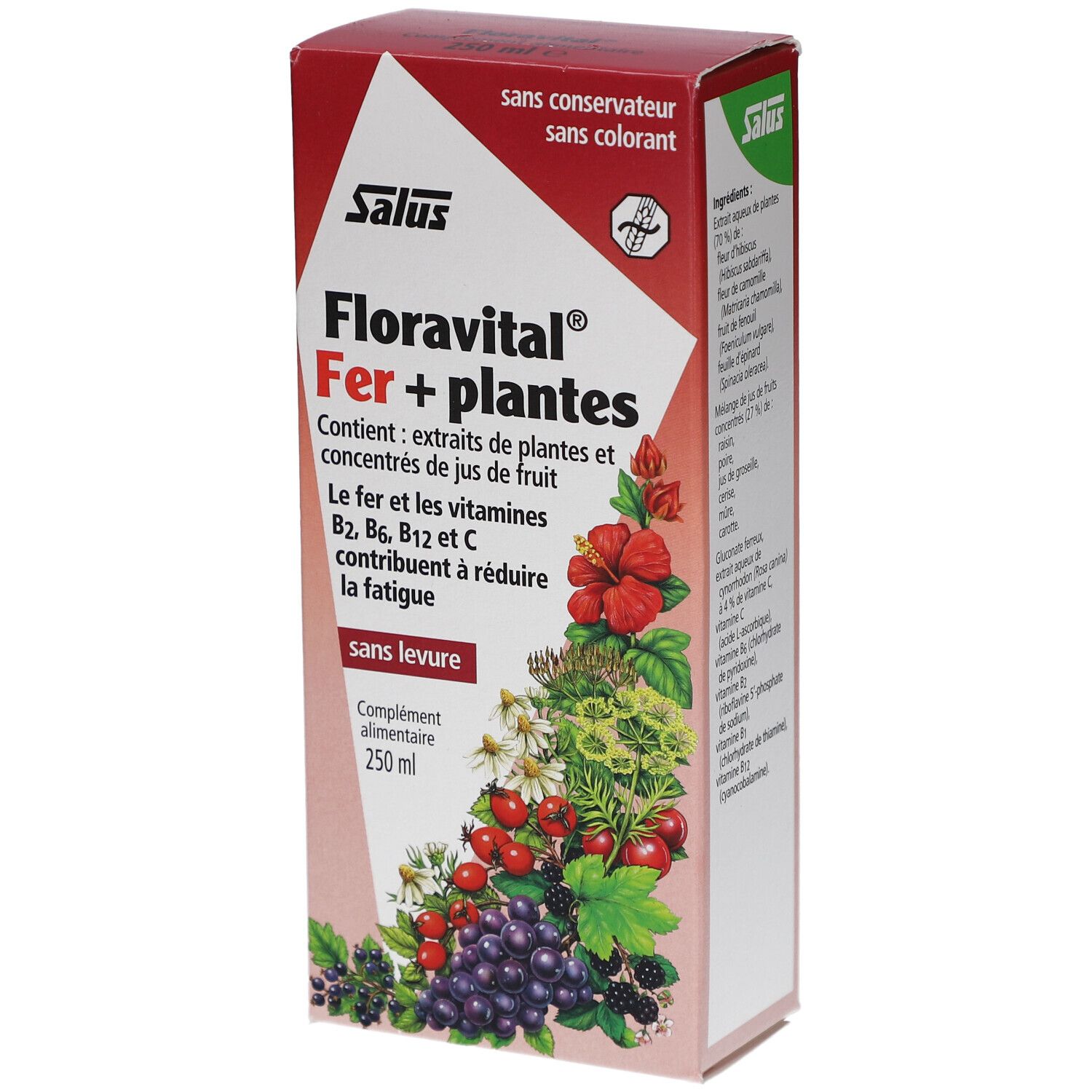 Rote und weiße Kartonverpackung. Aufschrift: Salus, Floravital Fer + plantes. Enthält Extrakte und Fruchtsaftkonzentrate. Ohne Hefe.