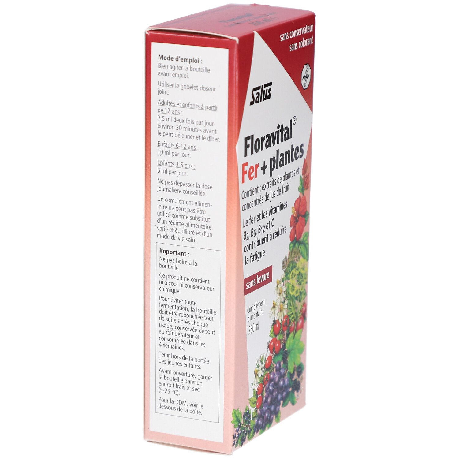 Rote und weiße Kartonverpackung. Auf der Seite: Gebrauchsanweisung, Dosierung für Erwachsene und Kinder. Ohne Konservierungs- und Farbstoffe.