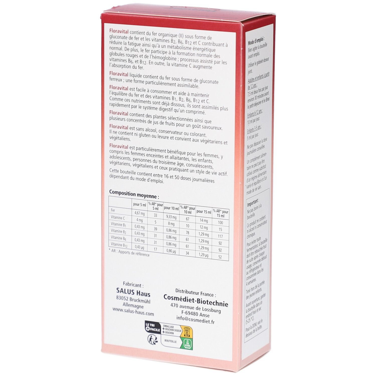Rote und weiße Kartonverpackung. Auf der Seite: Informationen über die Zusammensetzung und die Inhaltsstoffe. Herstellerinformationen.