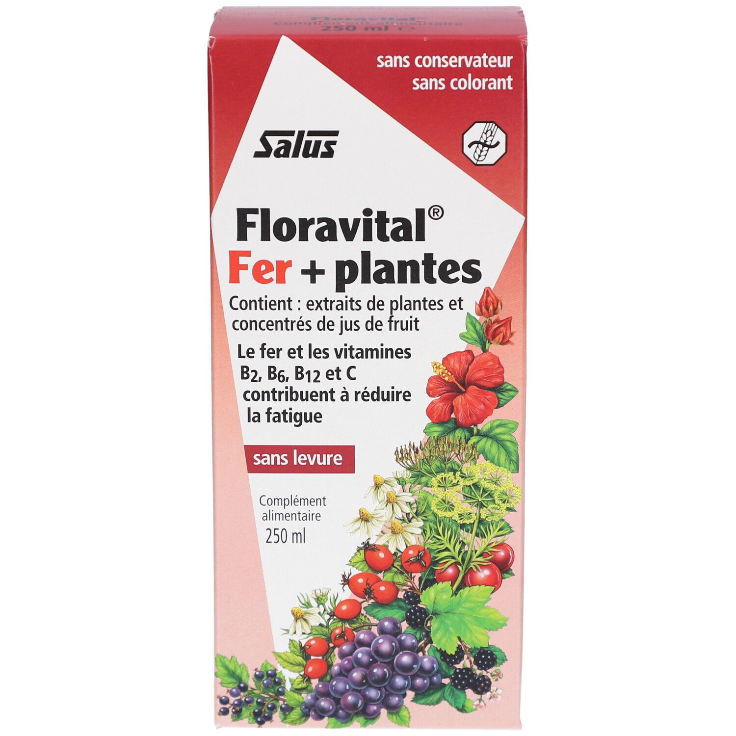 Rote und weiße Kartonverpackung. Aufschrift: Salus, Floravital Fer + plantes. Enthält Extrakte und Fruchtsaftkonzentrate. Ohne Hefe.