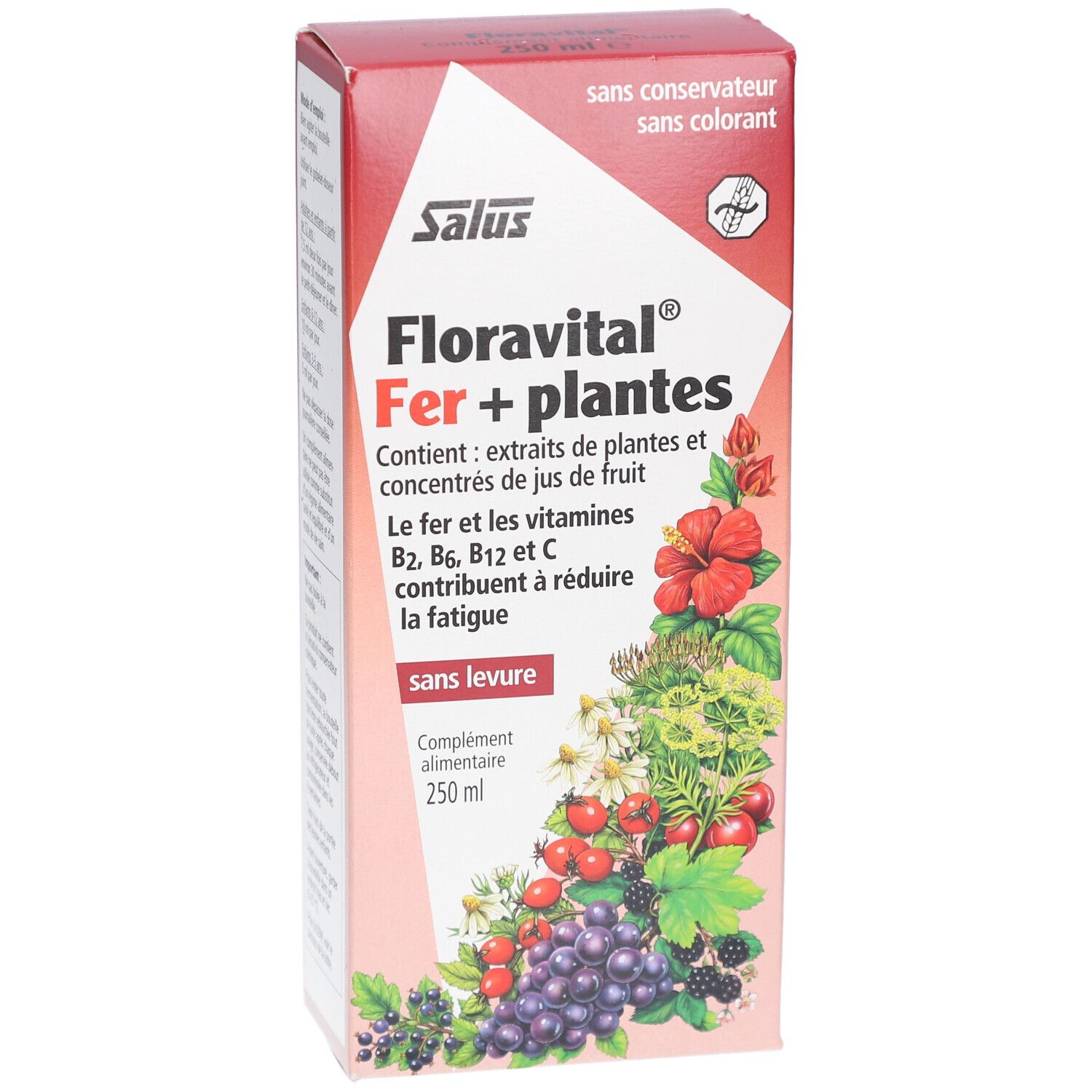Rote und weiße Kartonverpackung. Aufschrift: Salus, Floravital Fer + plantes. Enthält Extrakte und Fruchtsaftkonzentrate. Ohne Hefe.