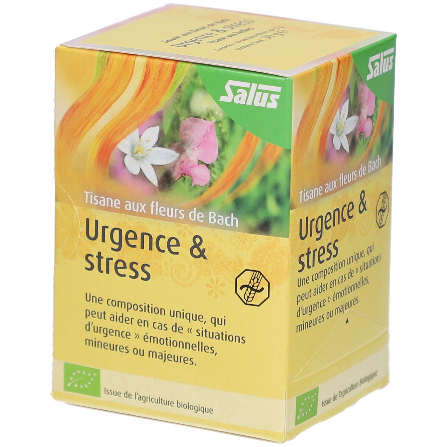 Gelbe Schachtel mit floralem Design. Text: Urgence & stress, Salus. Bio-Siegel. Französische Beschriftung.