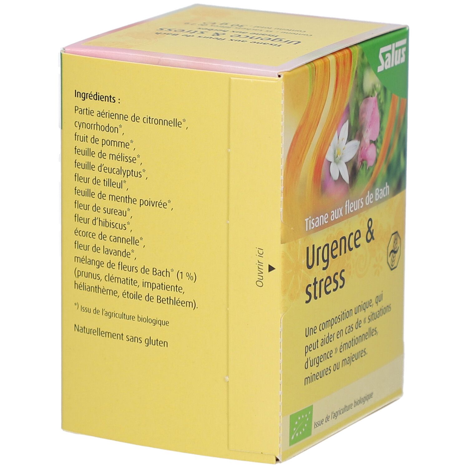 Gelbe Schachtel, Seite mit Zutatenliste. Text: Urgence & stress. Öffnungshinweis. Französische Beschriftung.