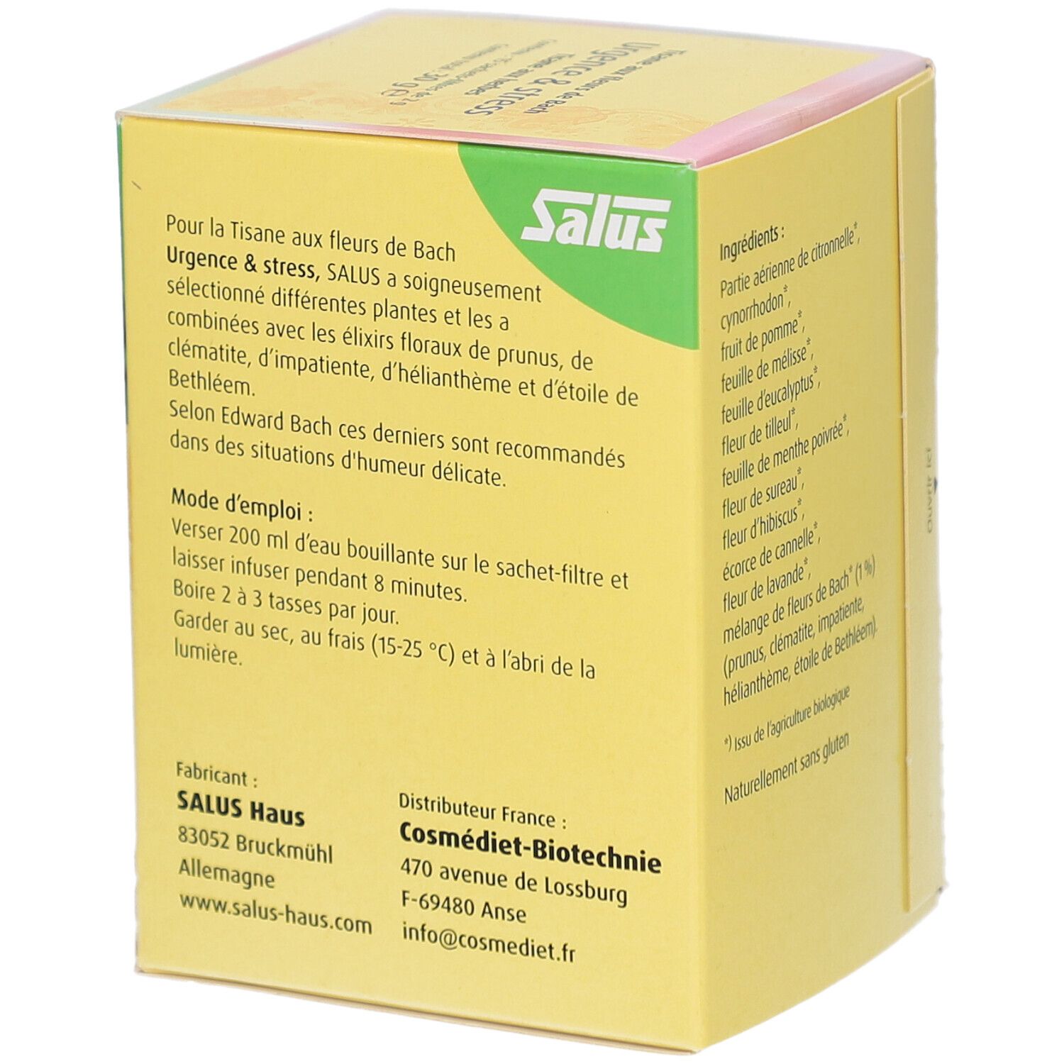 Gelbe Schachtel, Rückseite mit Text. Text: Urgence & stress, Salus. Hersteller- und Vertriebsinformationen. Französisch.