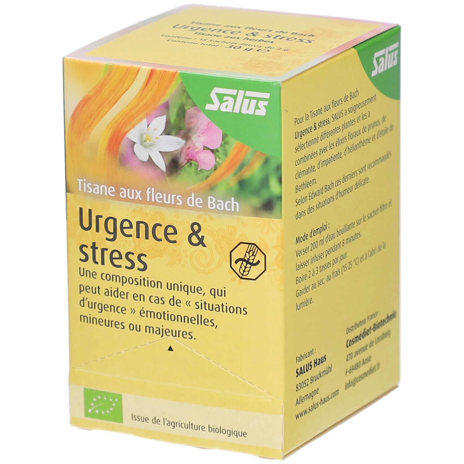 Gelbe Schachtel mit floralem Design. Text: Urgence & stress, Salus. Bio-Siegel. Französische Beschriftung.