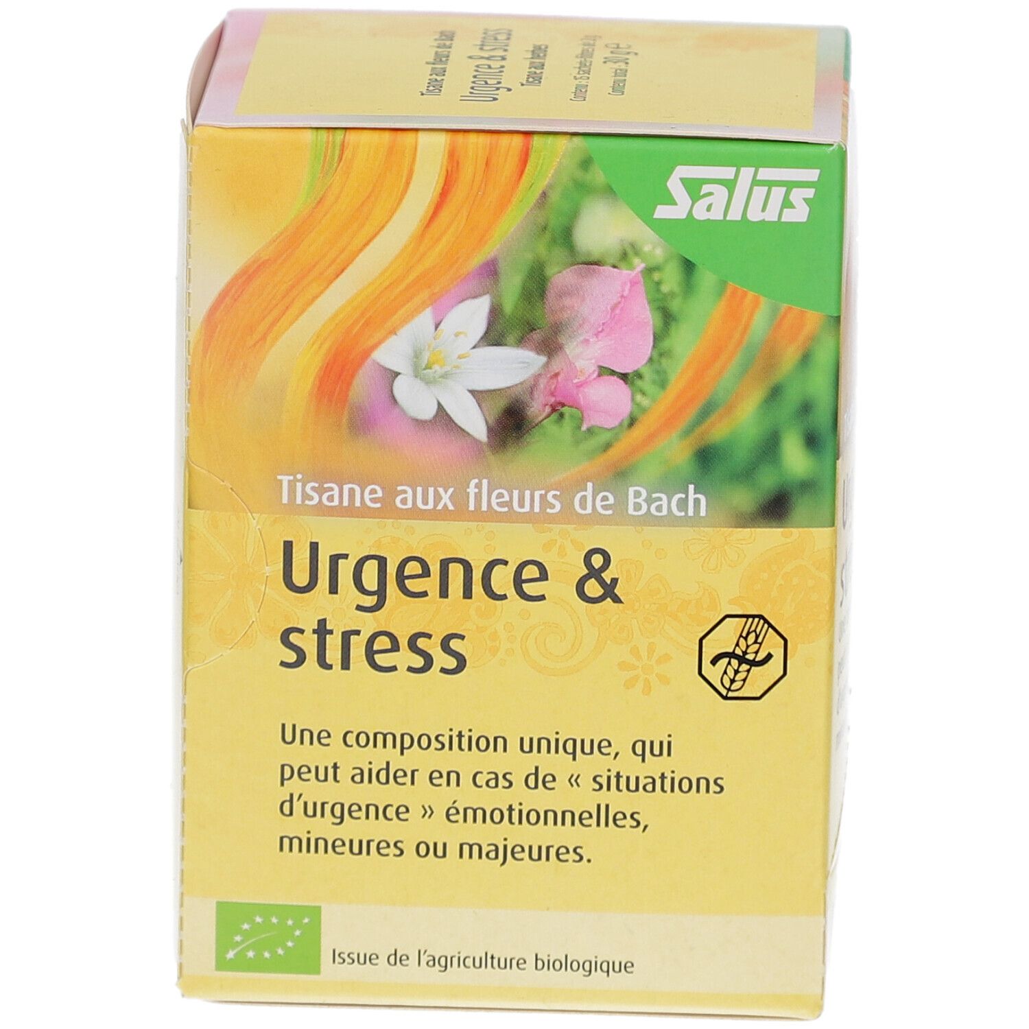 Gelbe Schachtel mit floralem Design. Text: Urgence & stress, Salus. Bio-Siegel. Französische Beschriftung.