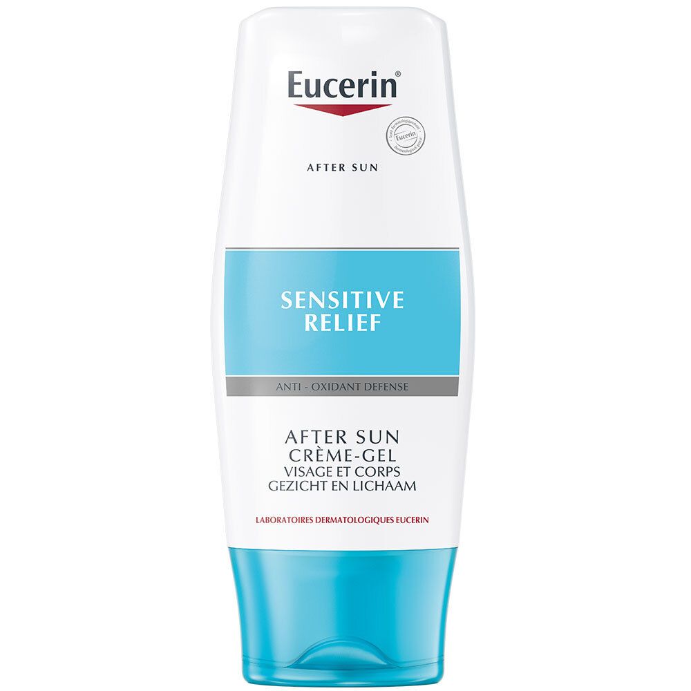 Weiß-blaue Tube mit Produktbezeichnung "SENSITIVE RELIEF" und "AFTER SUN". Marke Eucerin.