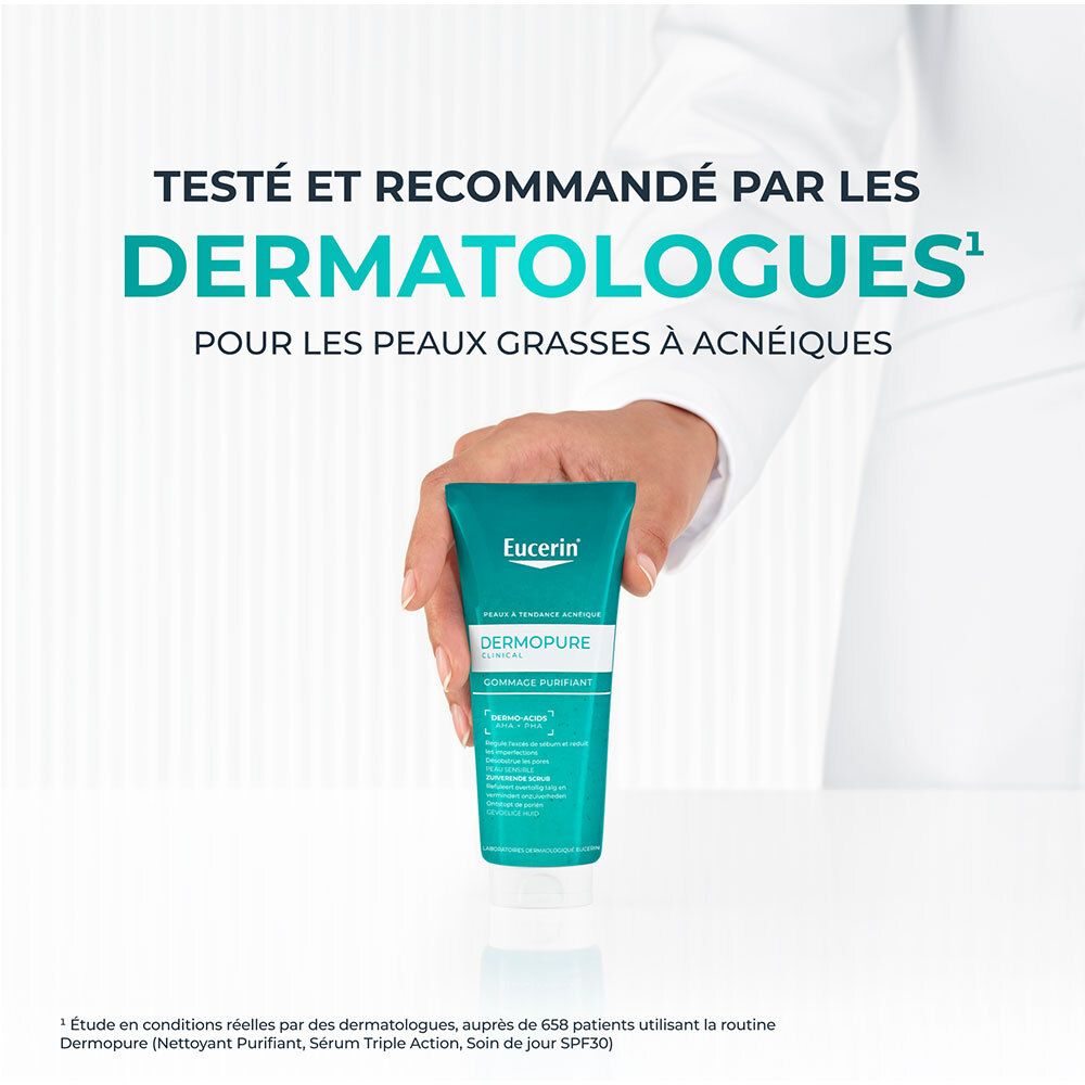 Eucerin DermoPure Peeling. Text: Testé et recommandé par les dermatologues.