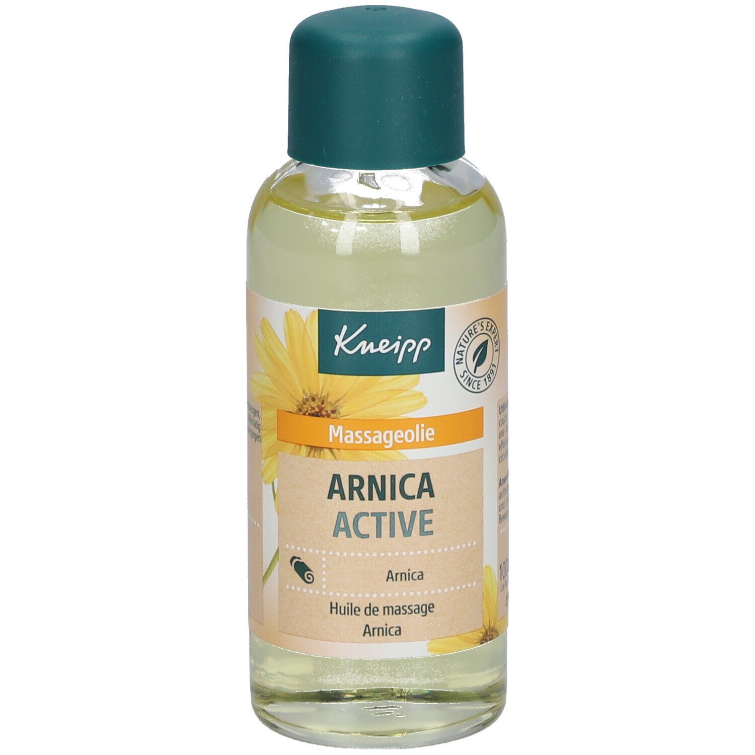 Kneipp Massageöl Arnika Active. Flasche mit gelber Flüssigkeit, grünem Deckel und Etikett mit Produktinformationen und Blüte.