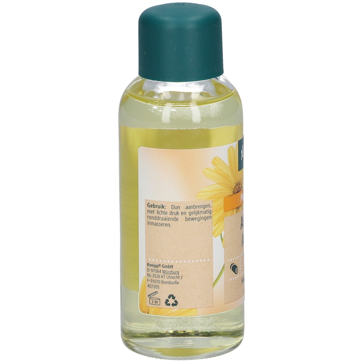 Rückseite der Kneipp Massageöl Arnika Active Flasche. Etikett mit Produktinformationen und Text in mehreren Sprachen.