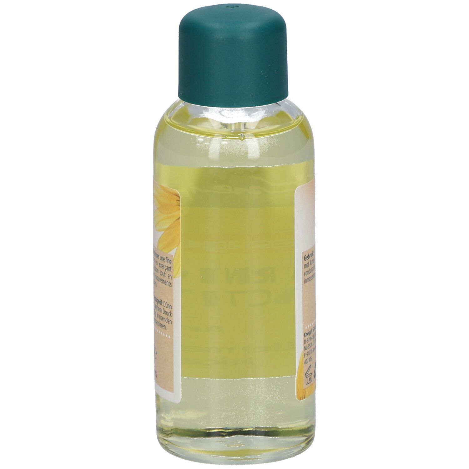 Rückseite der Kneipp Massageöl Arnika Active Flasche. Etikett mit Produktinformationen und Text in mehreren Sprachen.