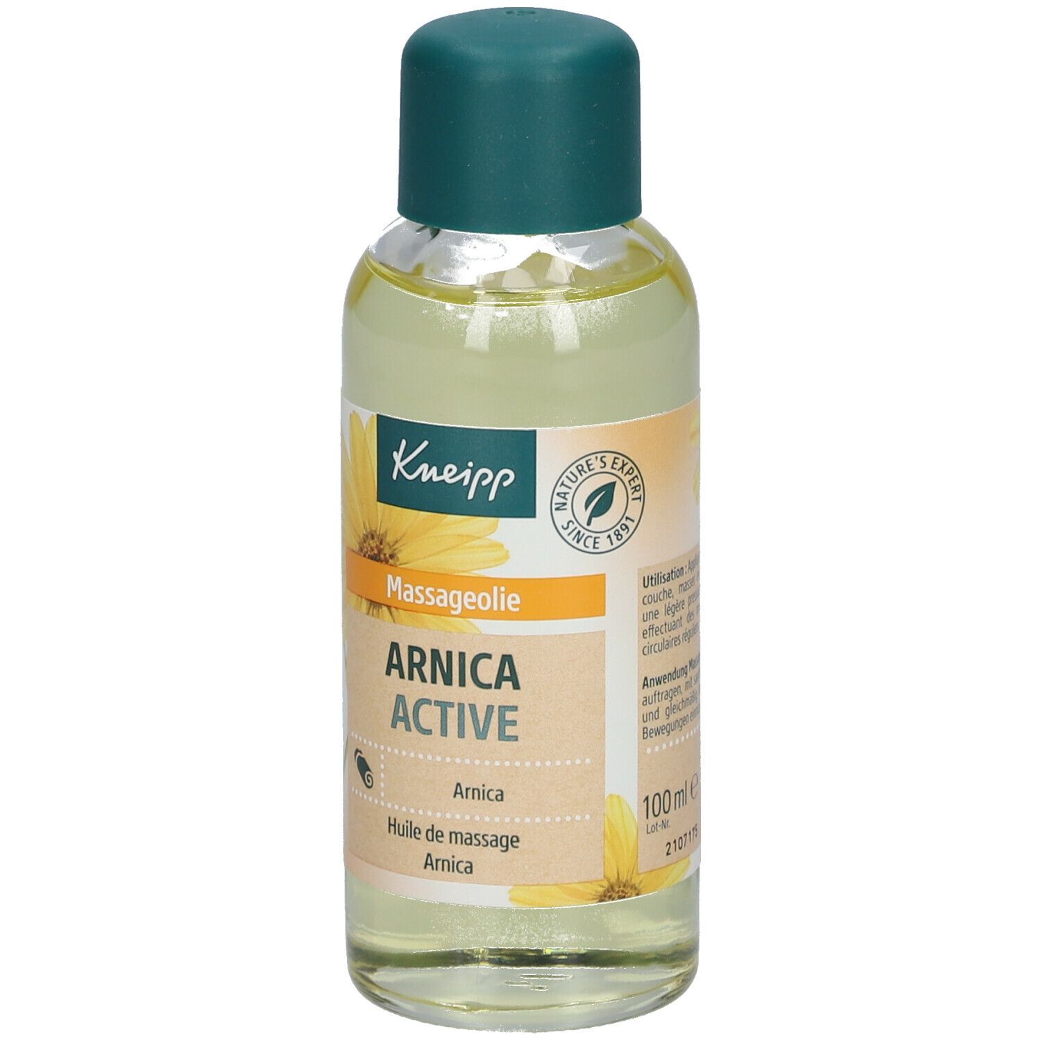 Kneipp Massageöl Arnika Active Flasche. Etikett mit Produktnamen, Inhaltsstoffen und Logo. Grüner Deckel.