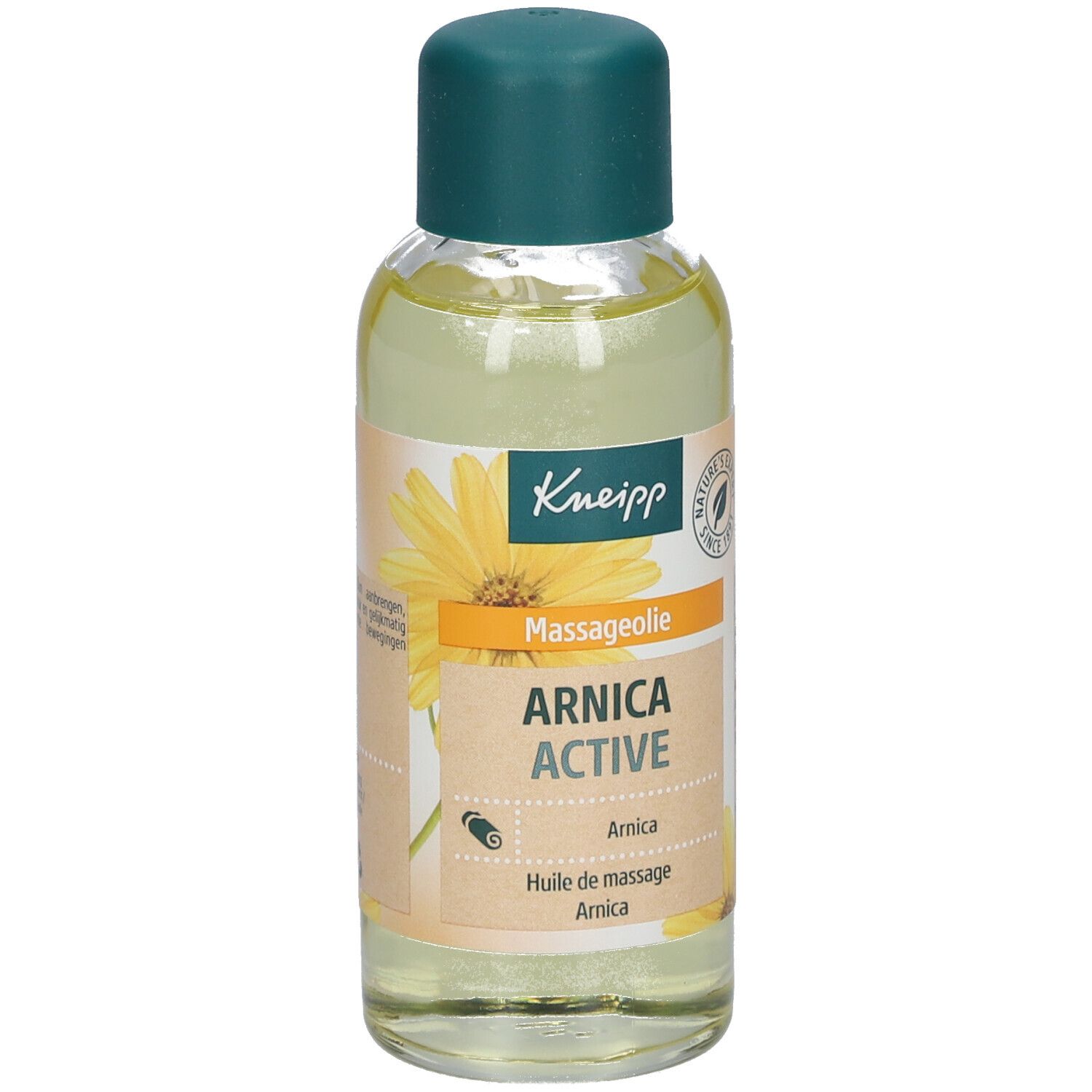 Kneipp Massageöl Arnika Active Flasche. Etikett mit Produktnamen, Inhaltsstoffen und Logo. Grüner Deckel.