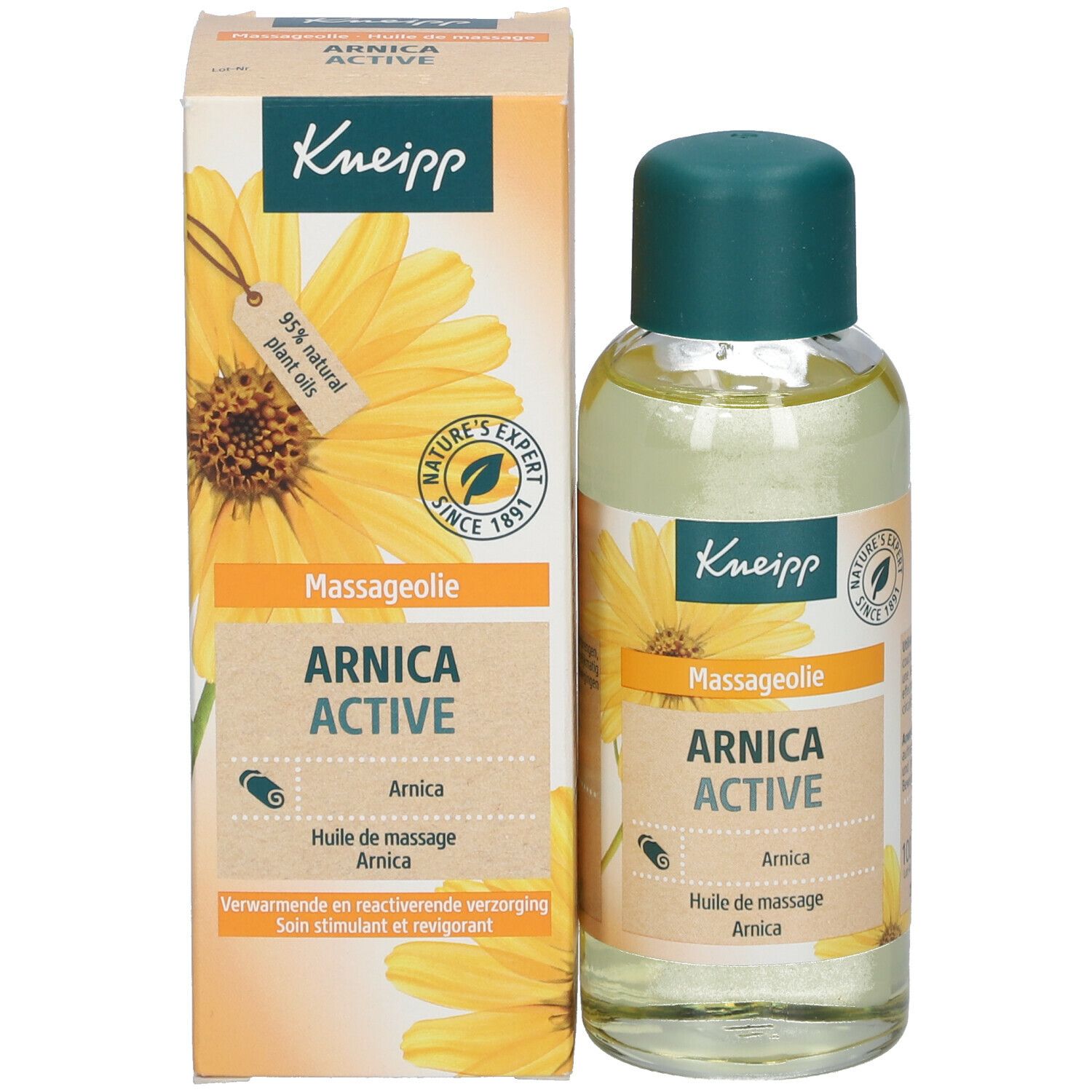 Kneipp Massageöl Arnika Active Flasche und Verpackung. Flasche mit grünem Deckel, Verpackung mit Produktinformationen.