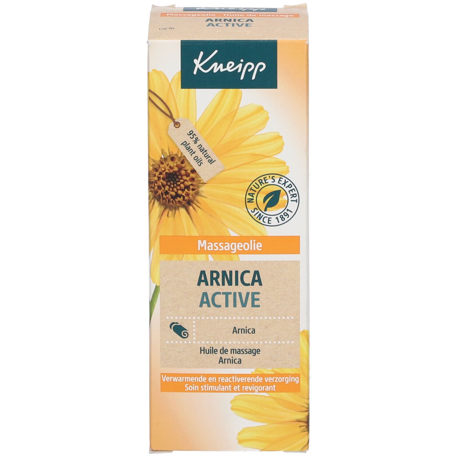 Kneipp Massageöl Arnika Active Verpackung. Rechteckige Verpackung mit Produktinformationen und Logo.