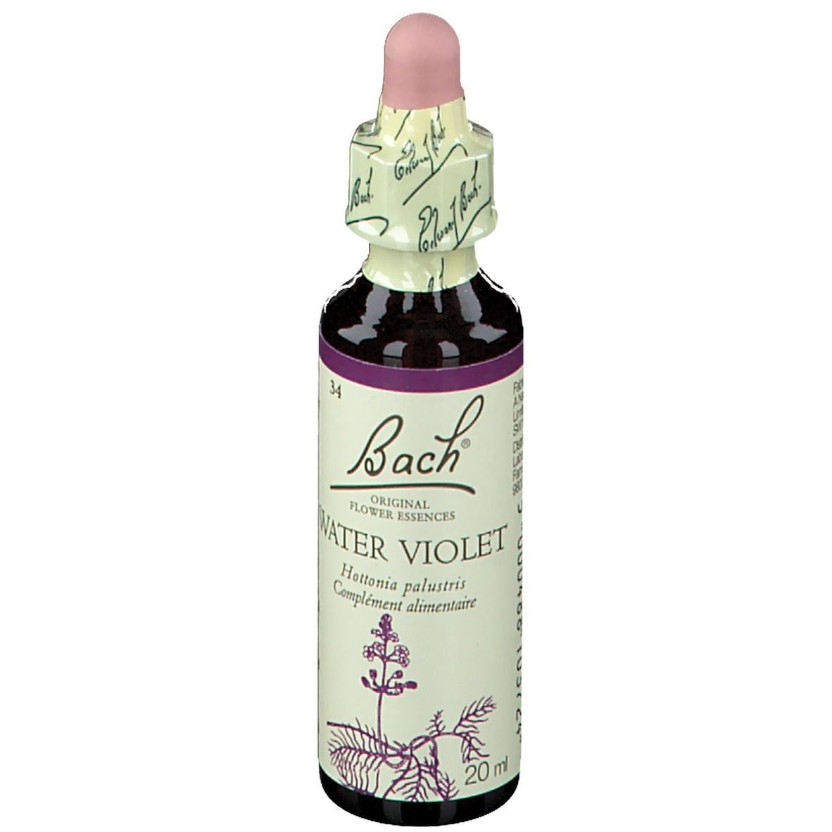 Flacon de produit avec compte-gouttes. Inscription: Water Violet. Texte en français. 20 ml.